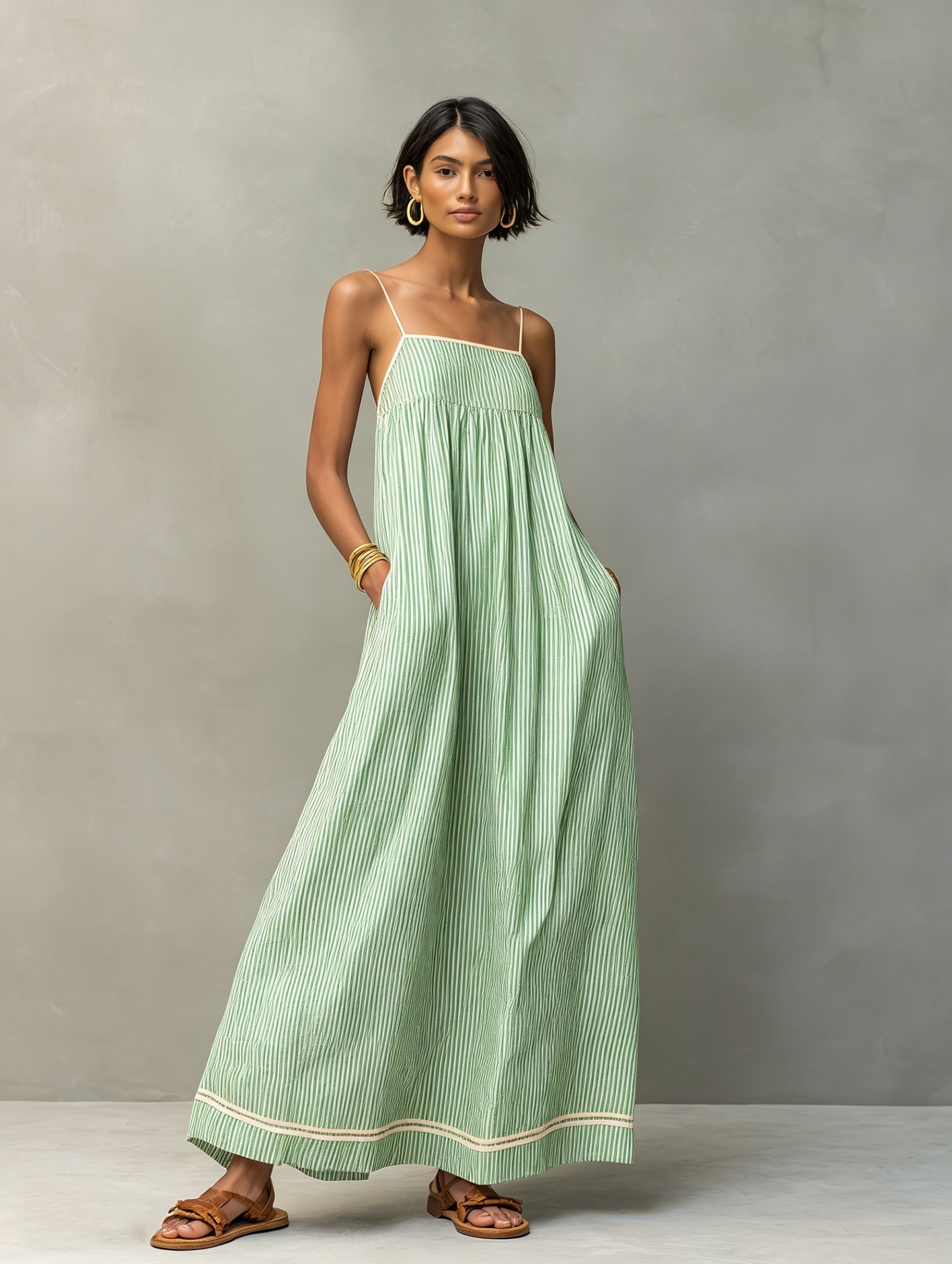 Striped Maxi Dress with Pockets for Women - Vert