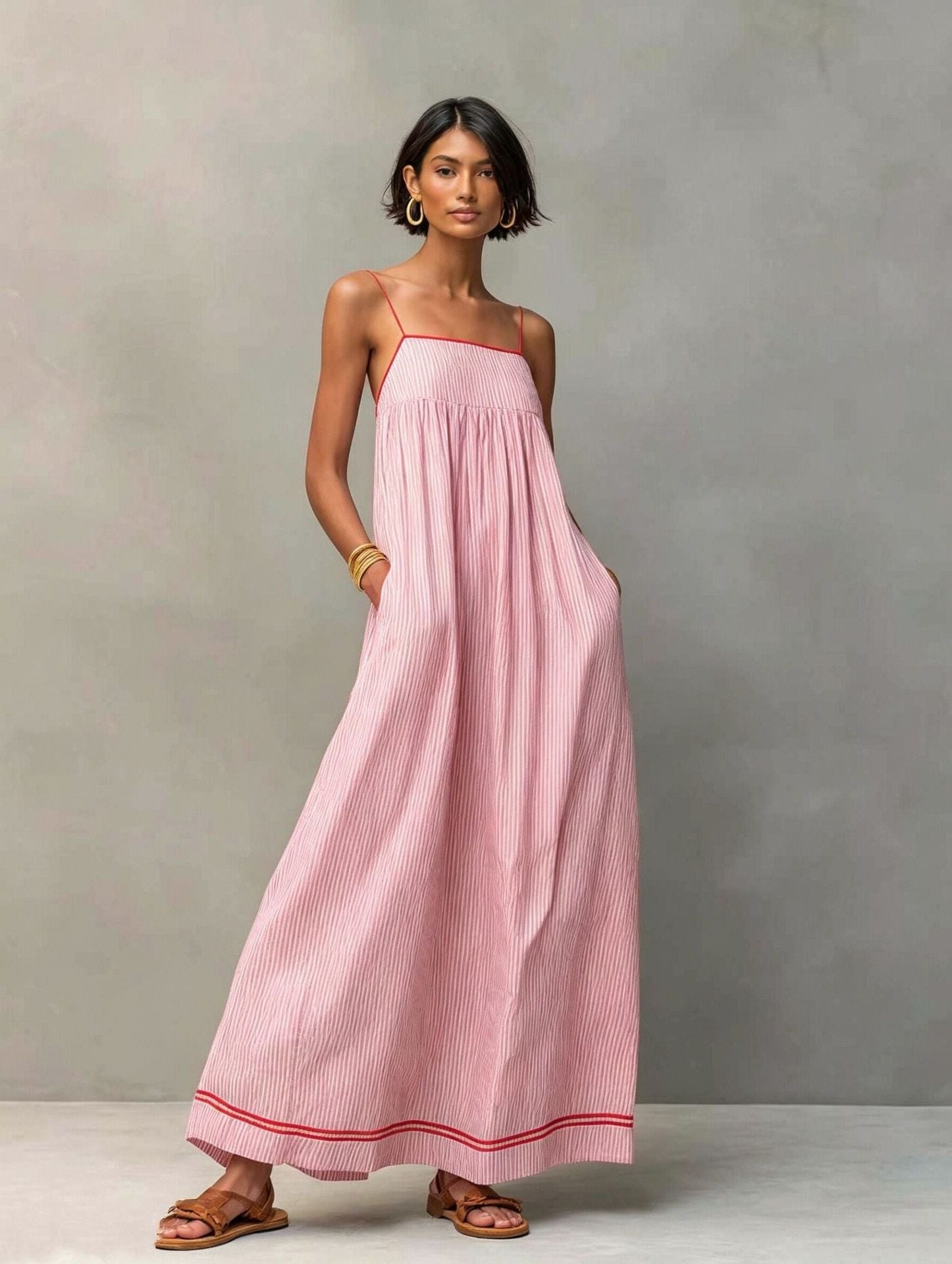 Striped Maxi Dress with Pockets for Women - Rose