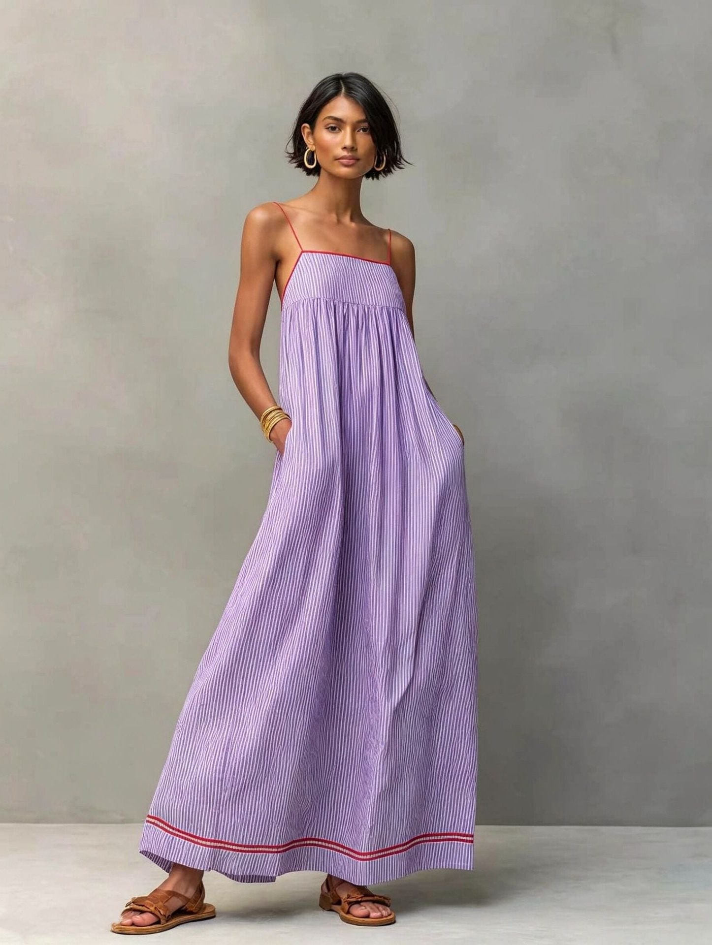 Striped Maxi Dress with Pockets for Women - Violet