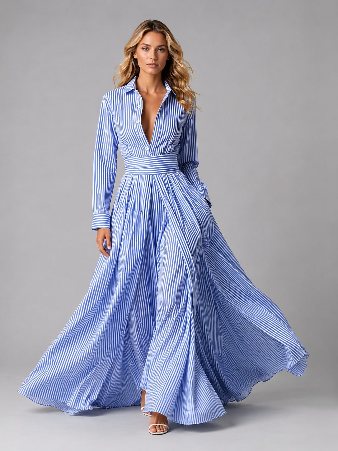 Striped Shirt Maxi Dress with Cinched Waist for Women