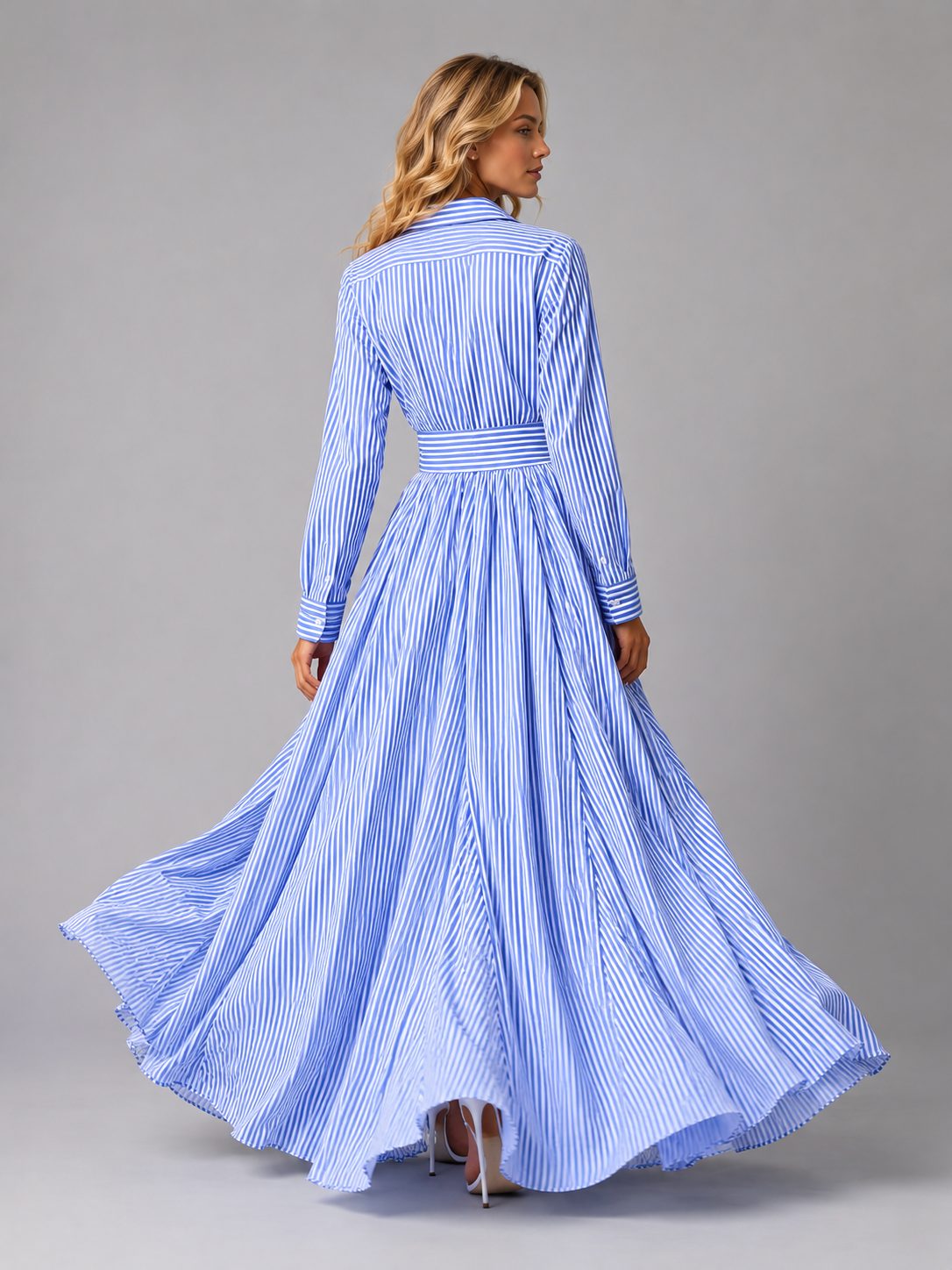 Striped Shirt Maxi Dress with Cinched Waist for Women - View 3