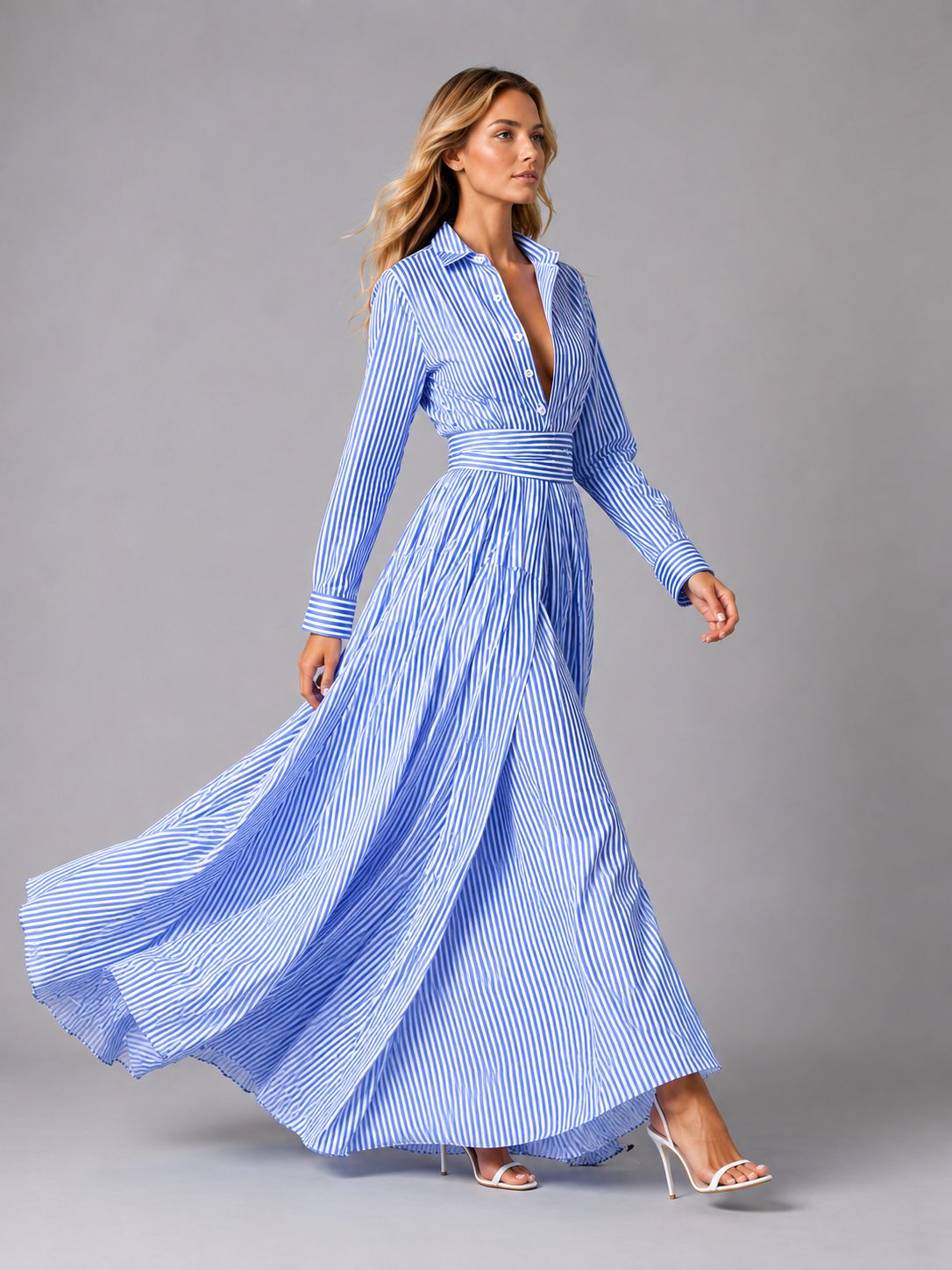 Striped Shirt Maxi Dress with Cinched Waist for Women - View 4