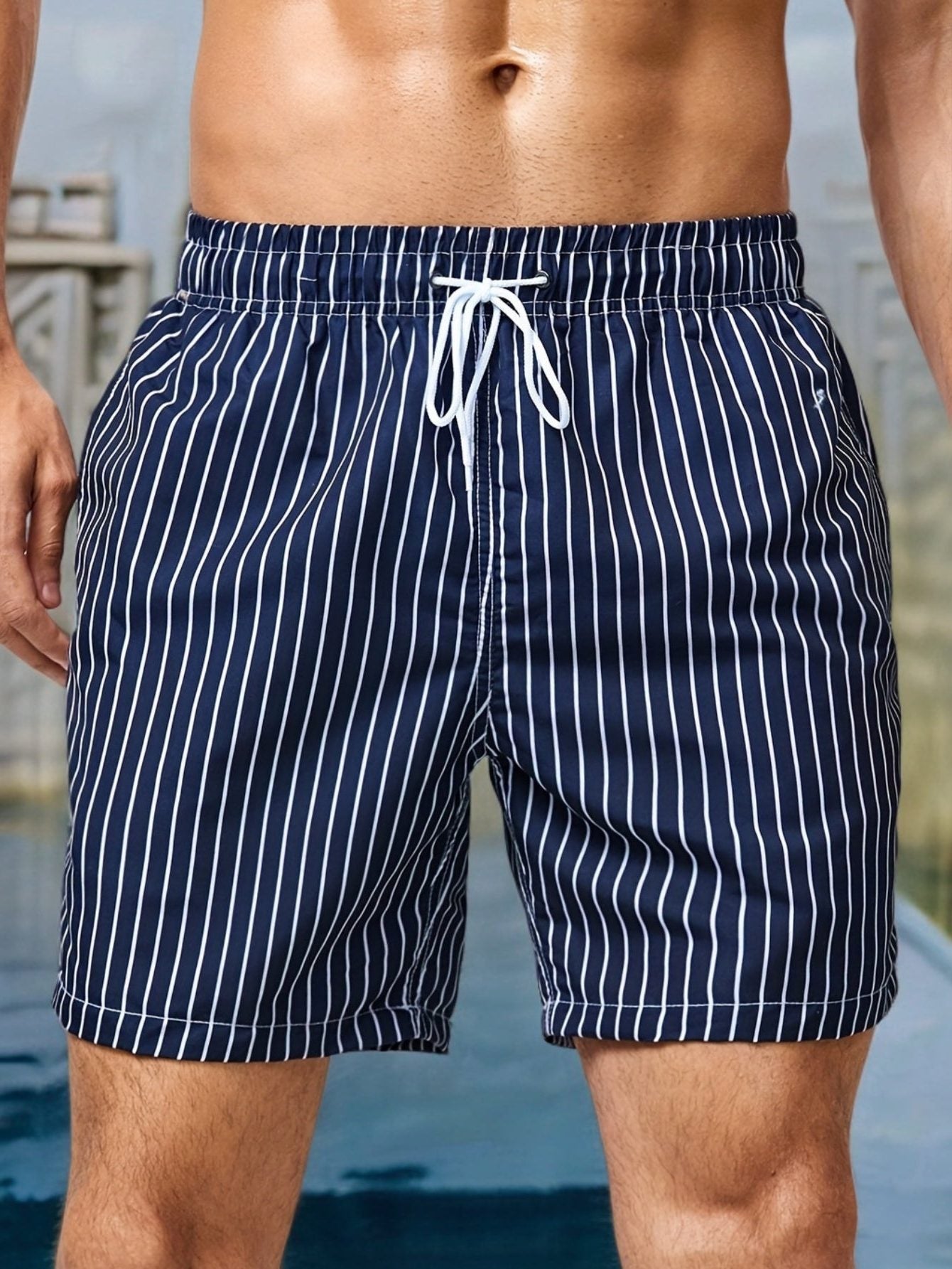 Striped Swim Shorts with Drawstring Waist for Men