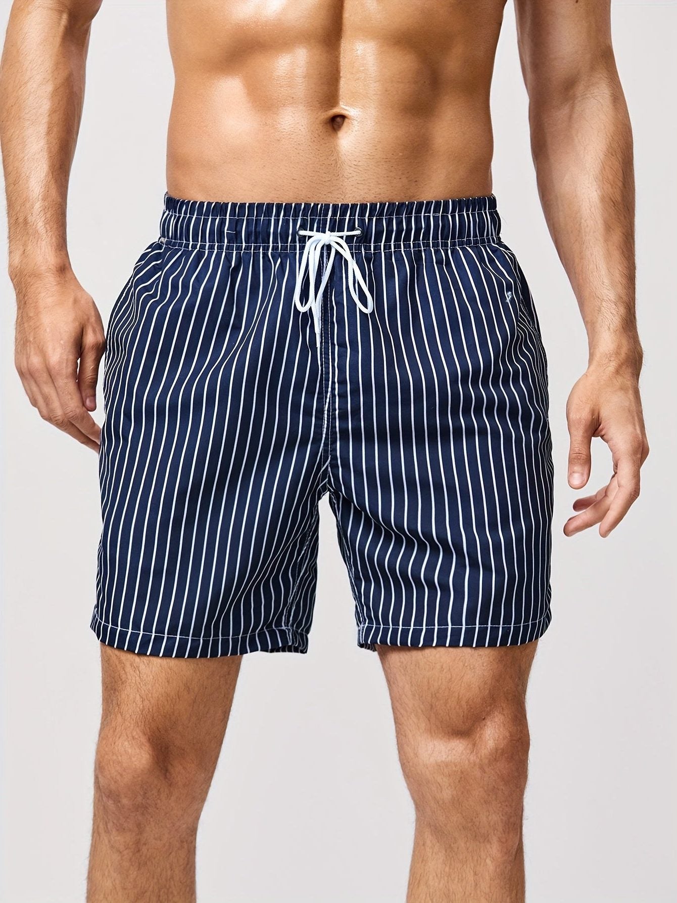 Striped Swim Shorts with Drawstring Waist for Men - View 2