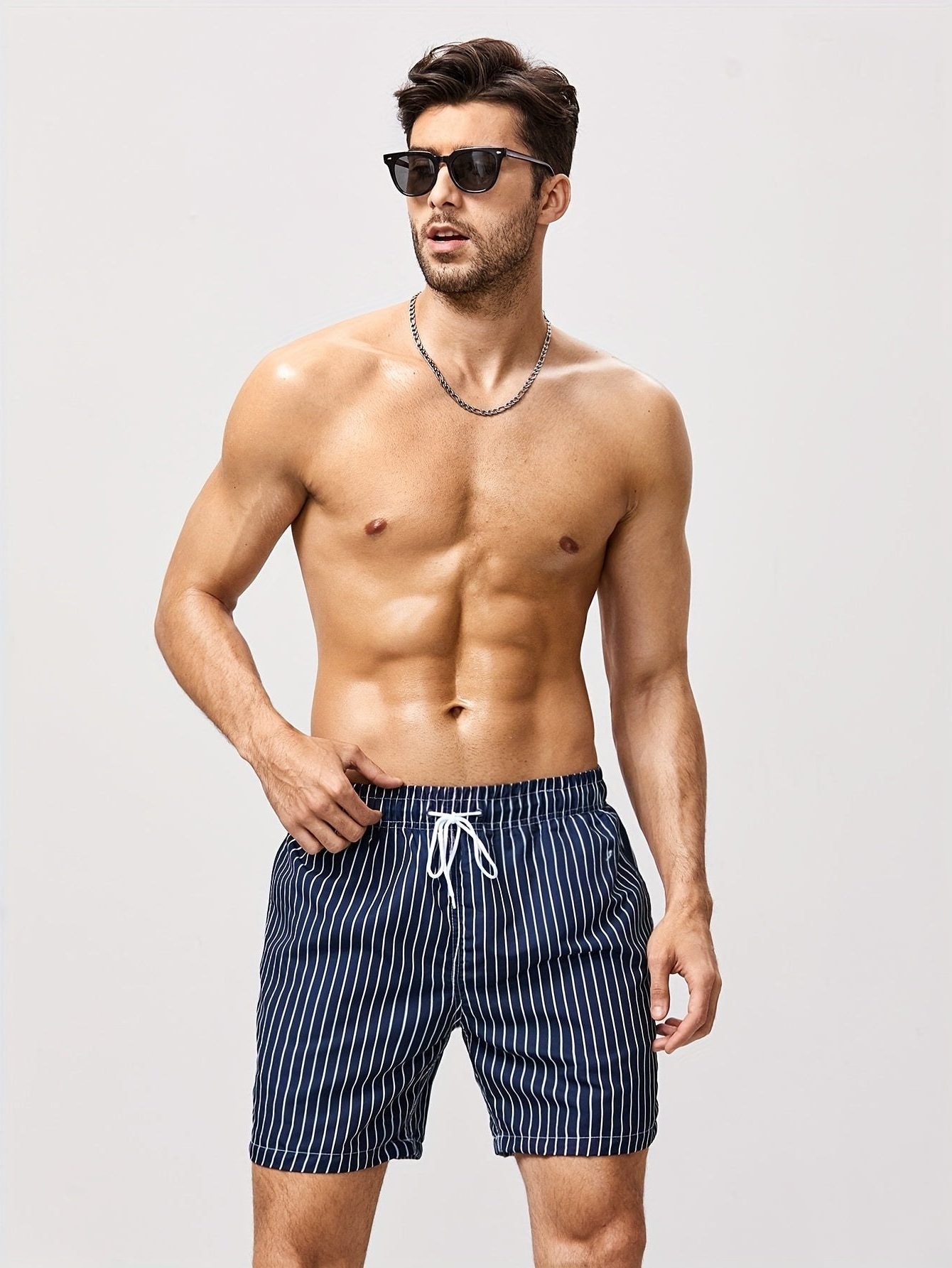 Striped Swim Shorts with Drawstring Waist for Men - View 6