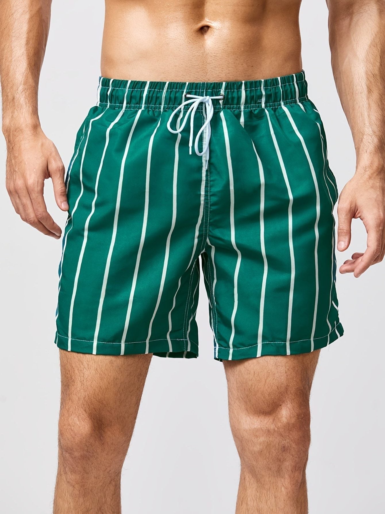 Striped Swim Shorts with Drawstring Waist for Men - Green