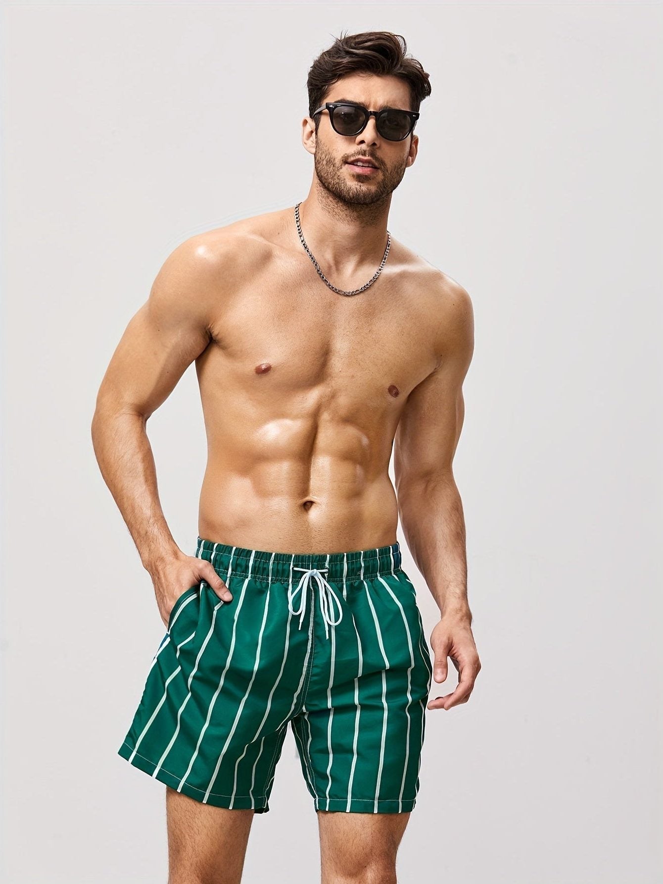 Striped Swim Shorts with Drawstring Waist for Men - View 9