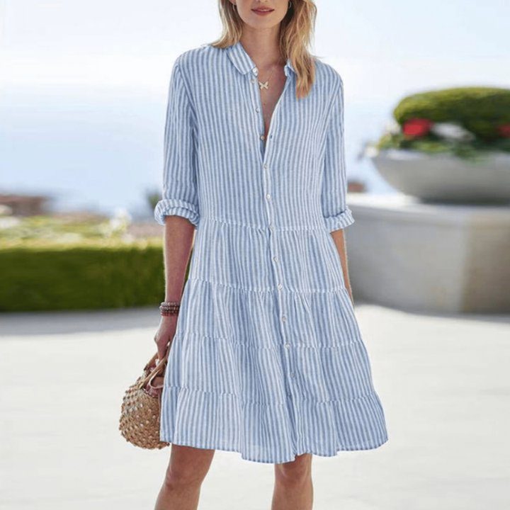 Striped Tiered Button-Down Shirt Dress for Women - Light Blue