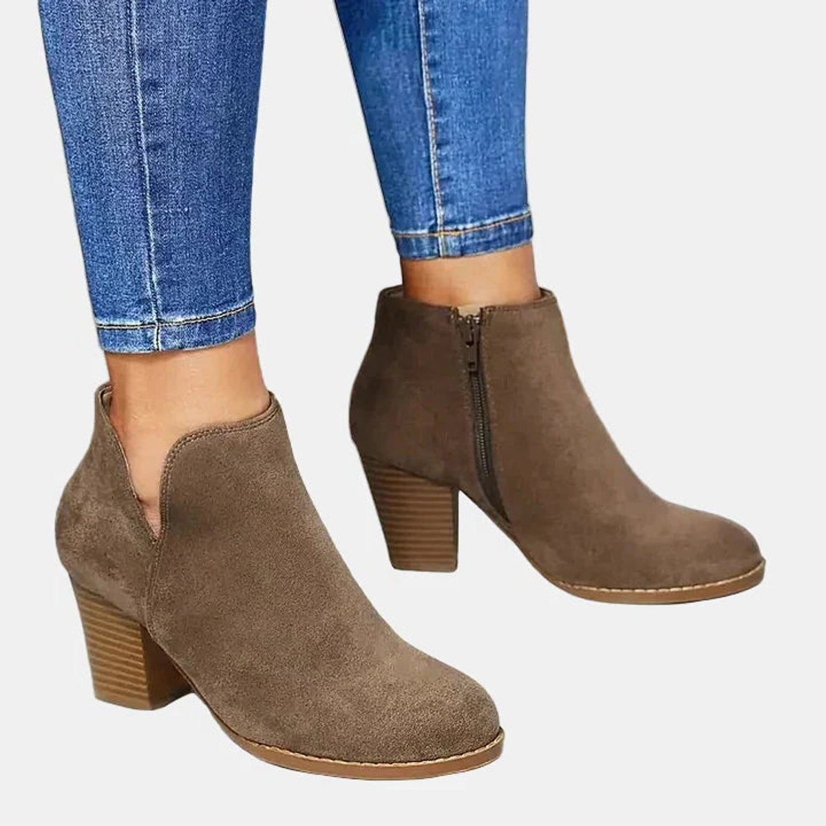 Suede Block Heel Ankle Boots with Zip for Women