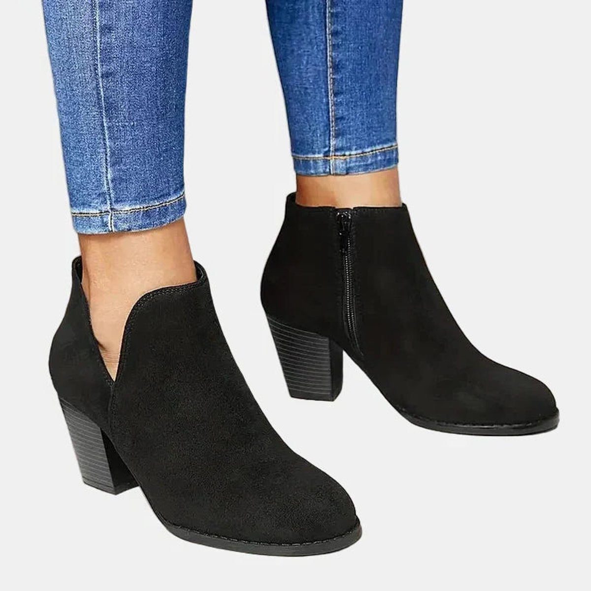 Suede Block Heel Ankle Boots with Zip for Women - Black