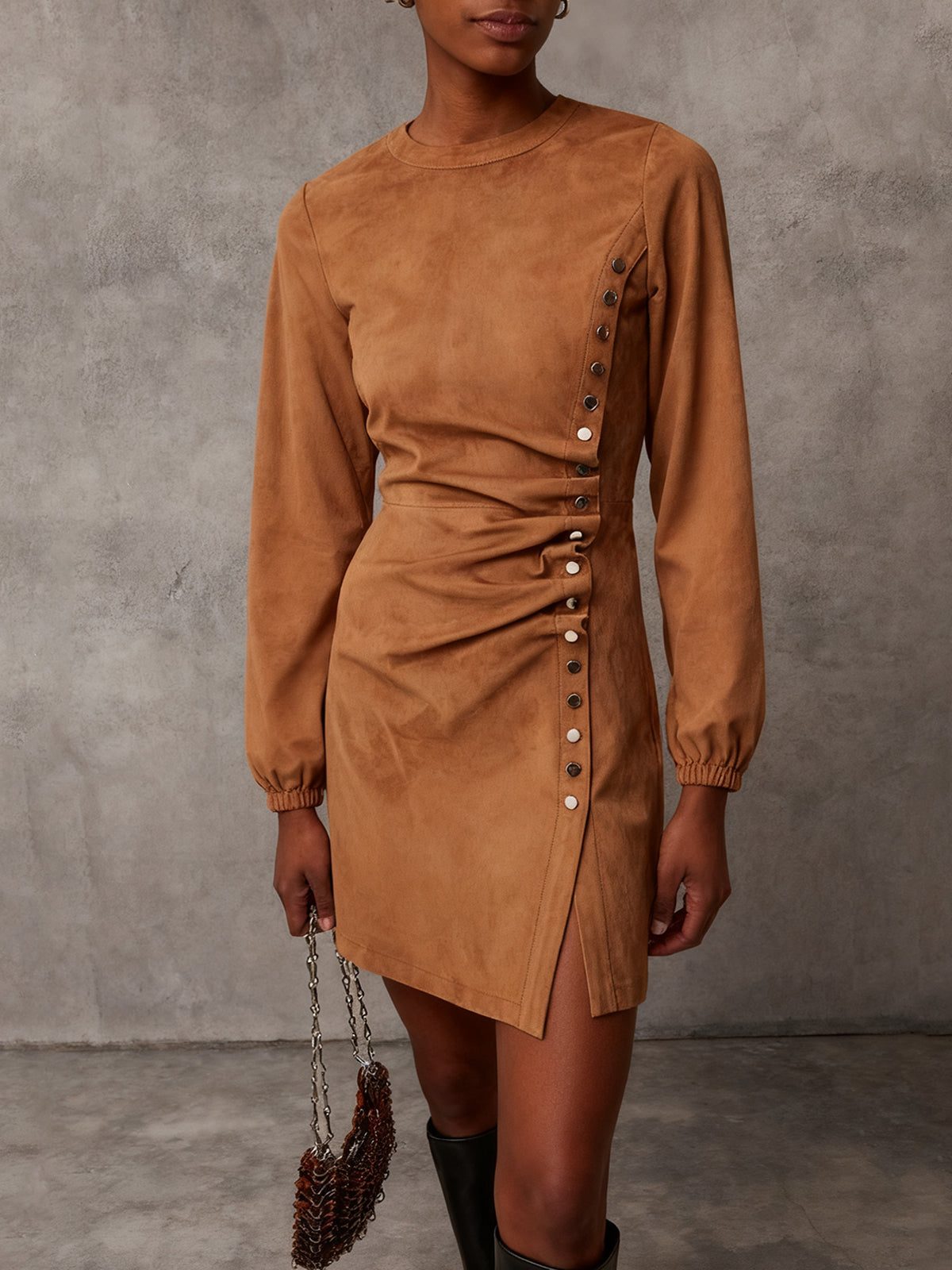 Suede Button-Down Shirt Dress for Women