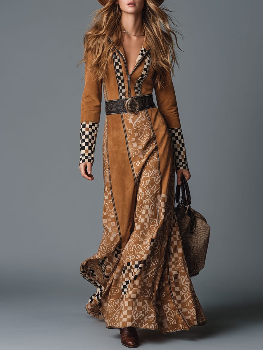 Suede Maxi Wrap Dress with Checkered Trim for Women