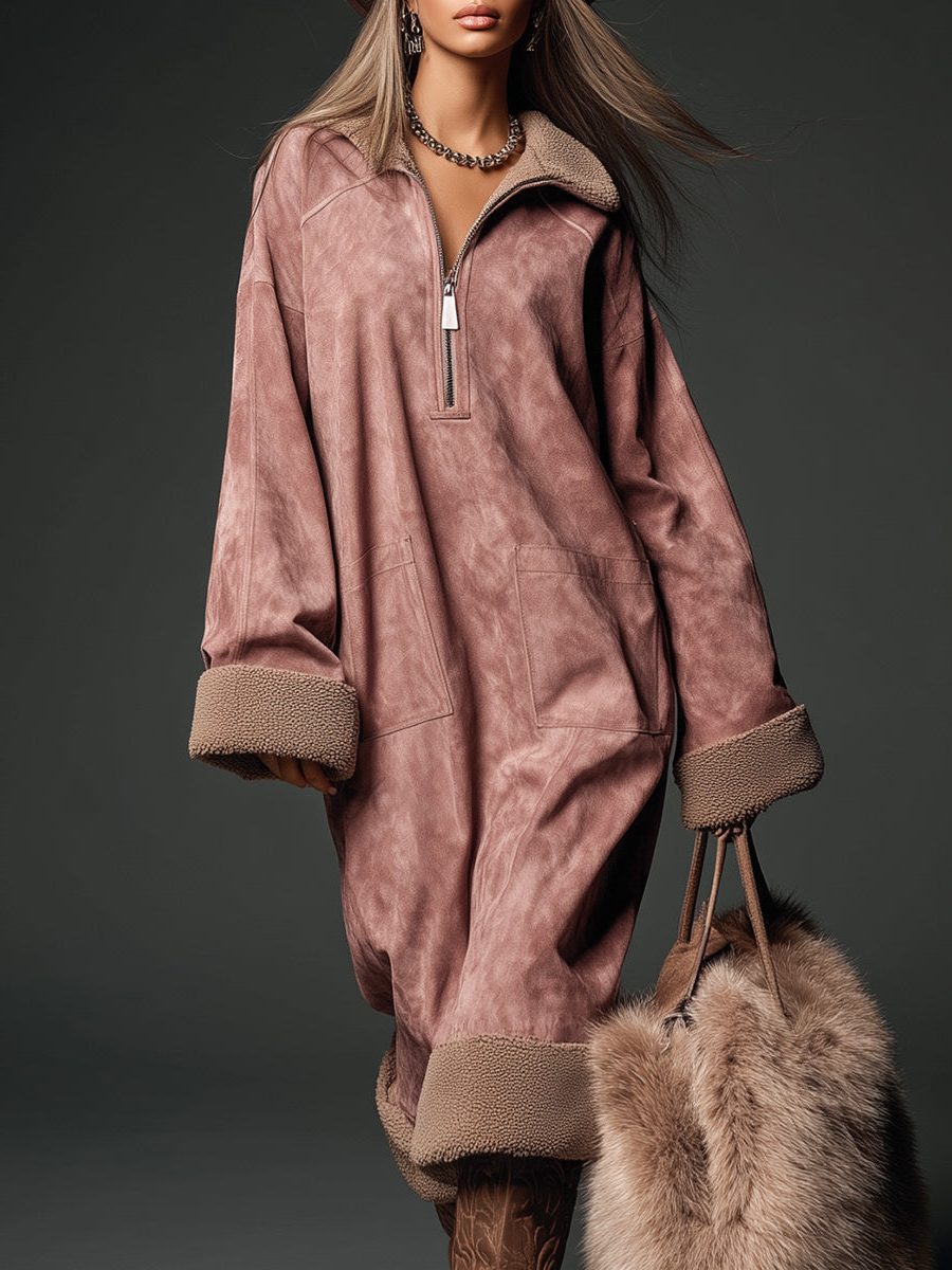 Suede Oversized Shirt Dress with Fleece Collar for Women