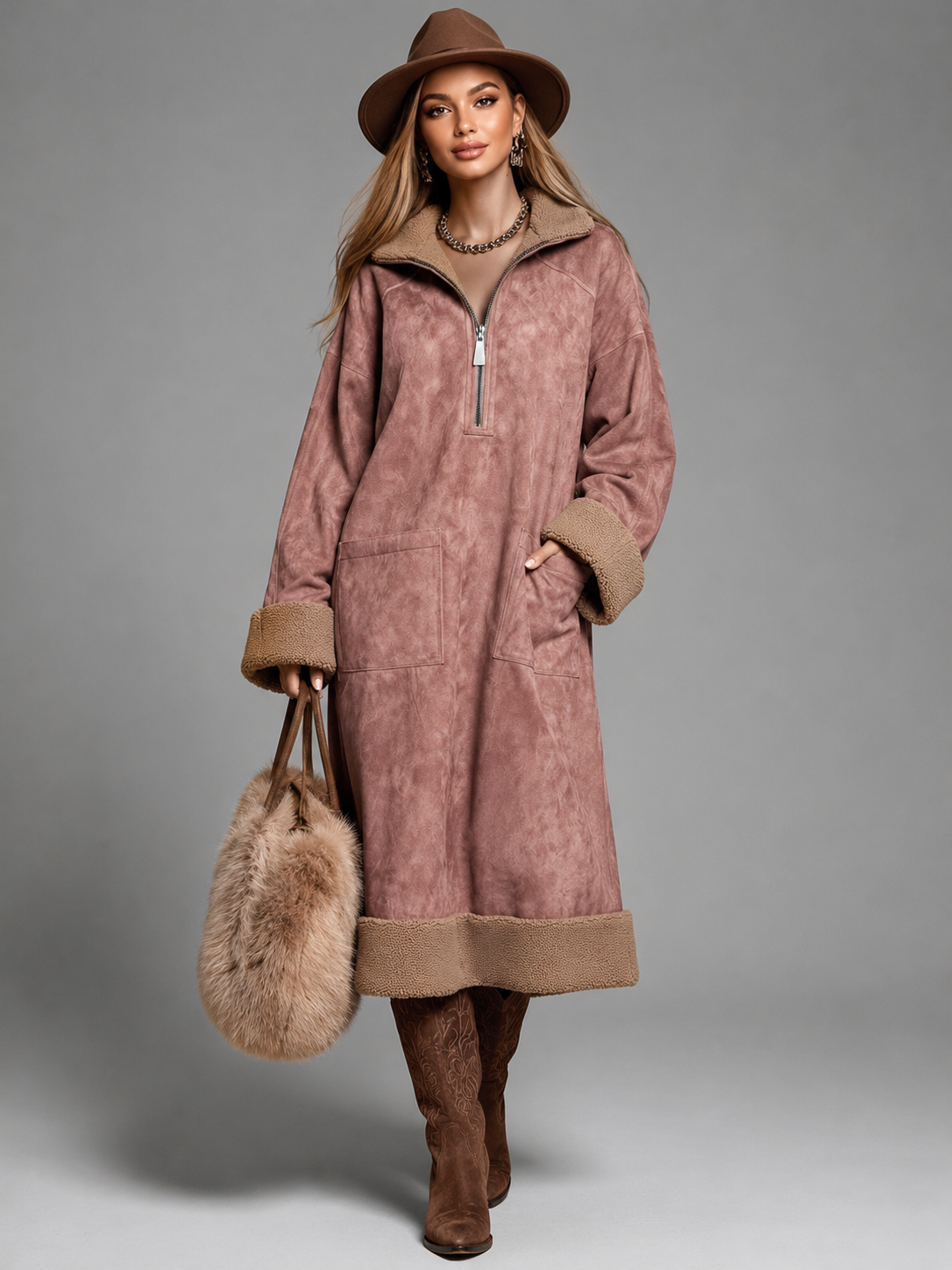 Suede Oversized Shirt Dress with Fleece Collar for Women