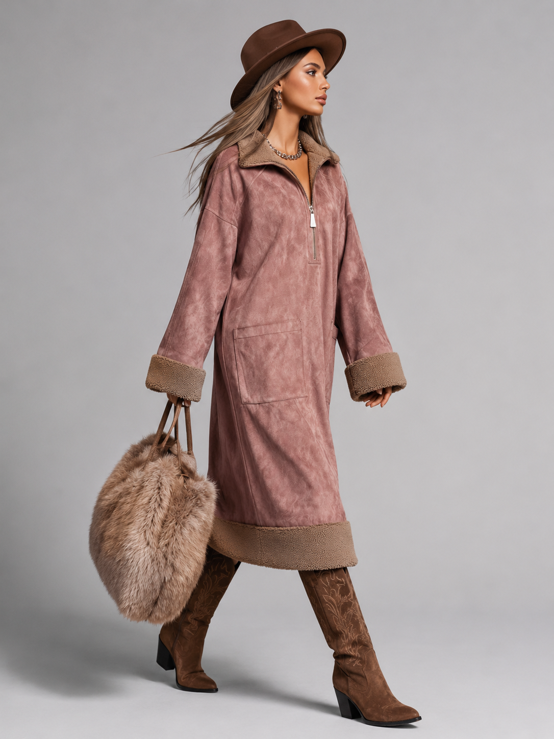 Suede Oversized Shirt Dress with Fleece Collar for Women