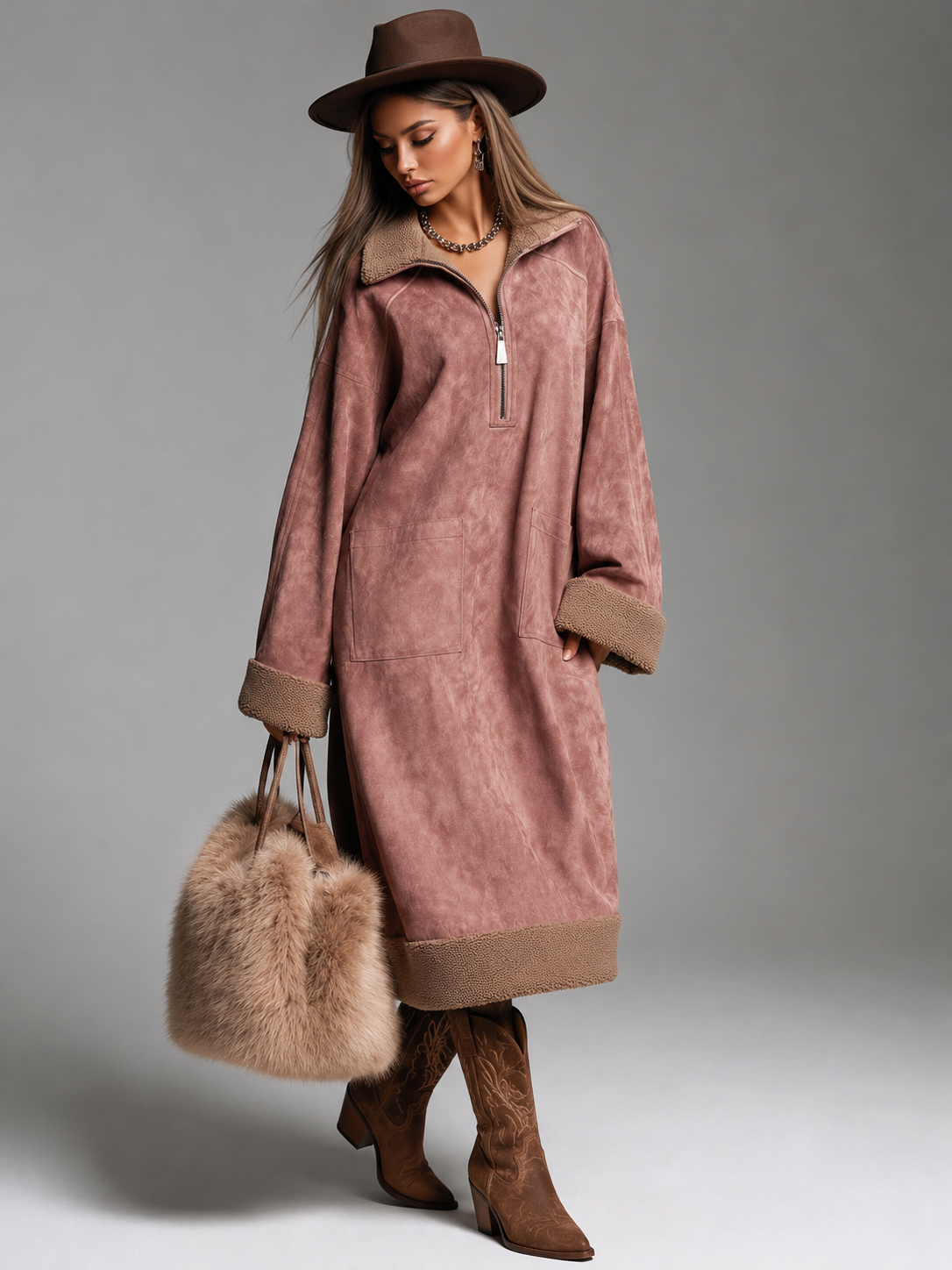 Suede Oversized Shirt Dress with Fleece Collar for Women