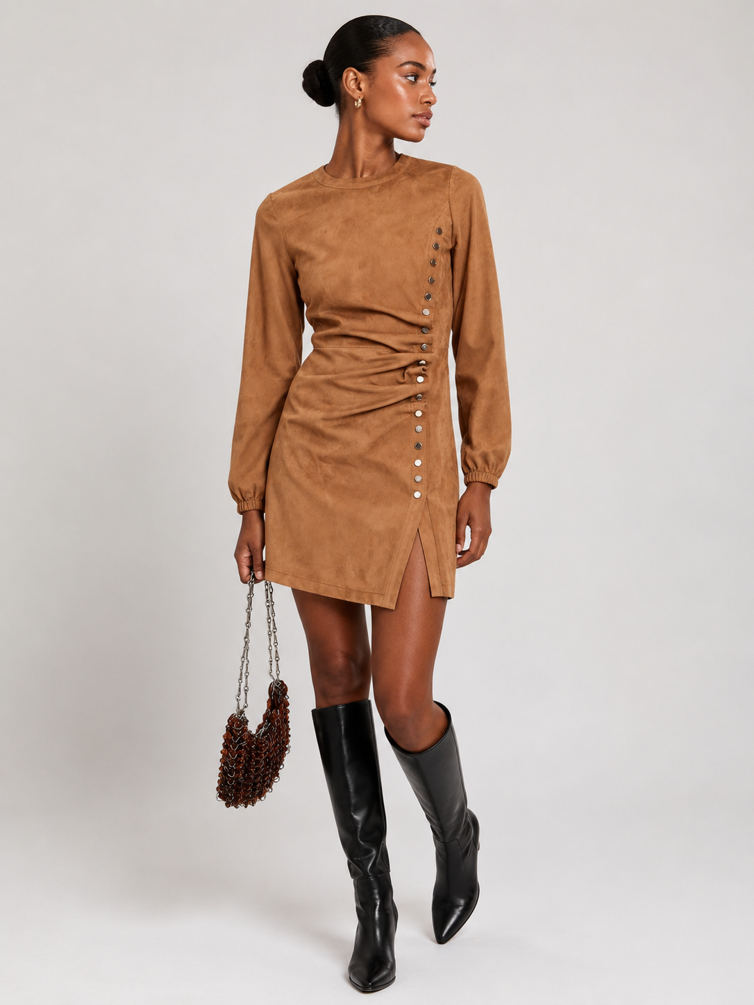 Suede Shirt Dress with Button-Down Front for Women