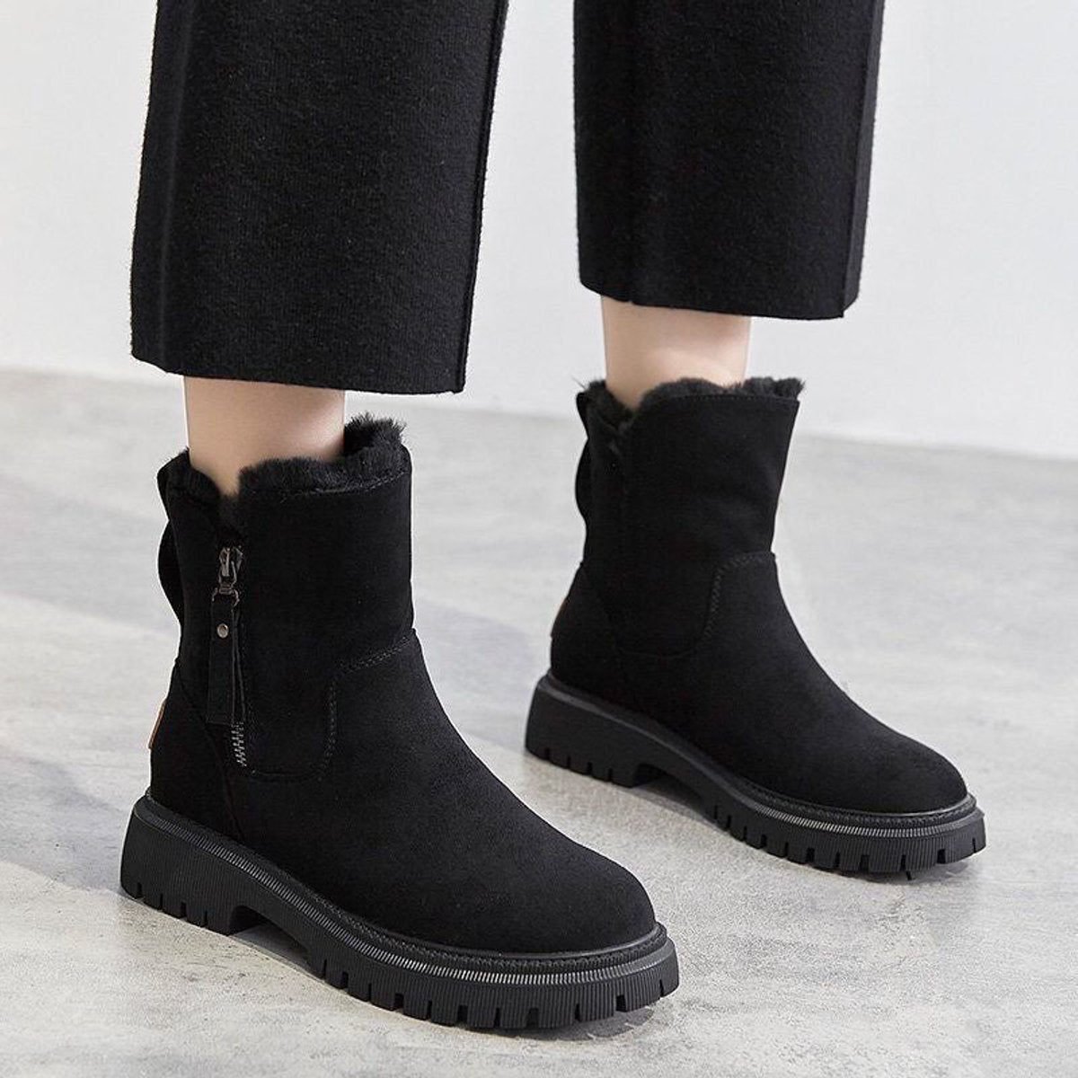 Suede Slip-On Platform Ankle Boots for Women - Black