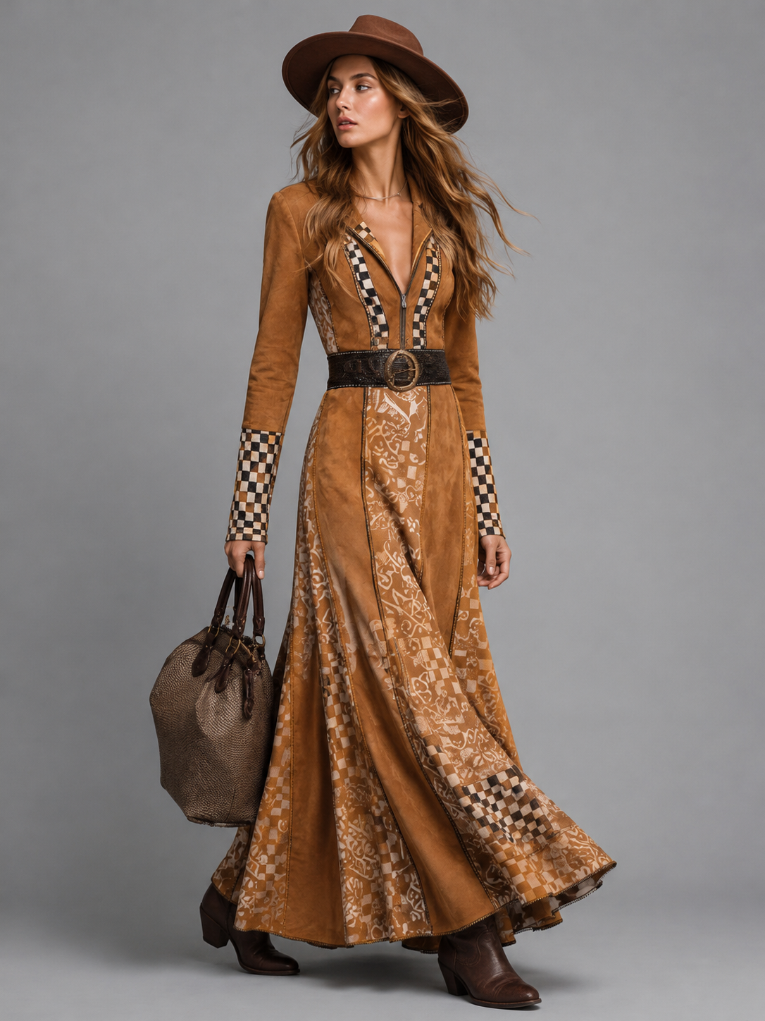 Suede Wrap Maxi Dress with Checkered Trim for Women