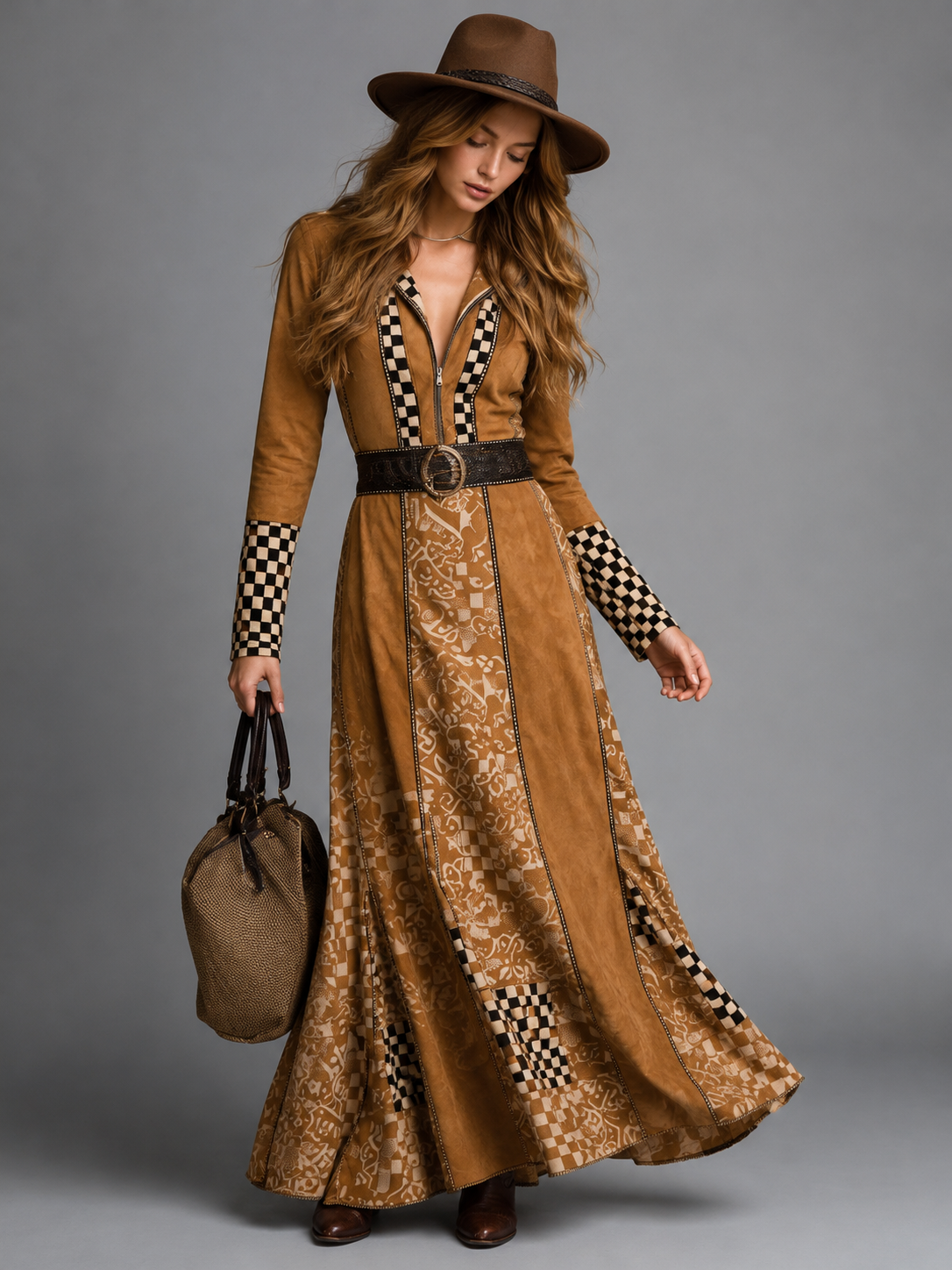 Suede Wrap Maxi Dress with Checkered Trim for Women