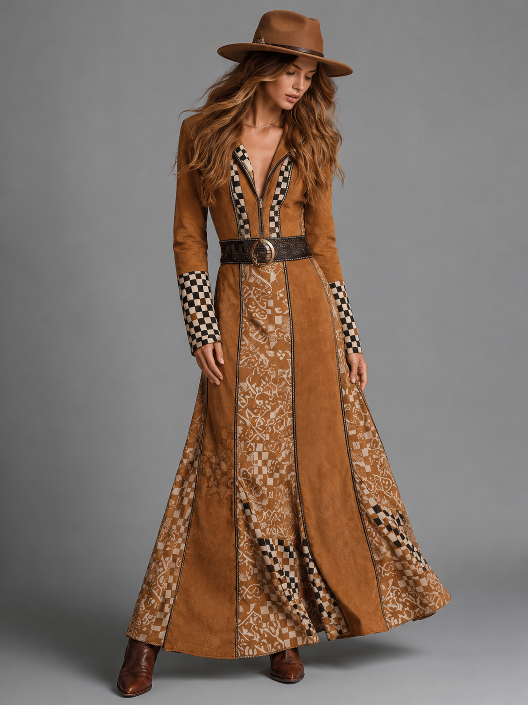 Suede Wrap Maxi Dress with Checkered Trim for Women