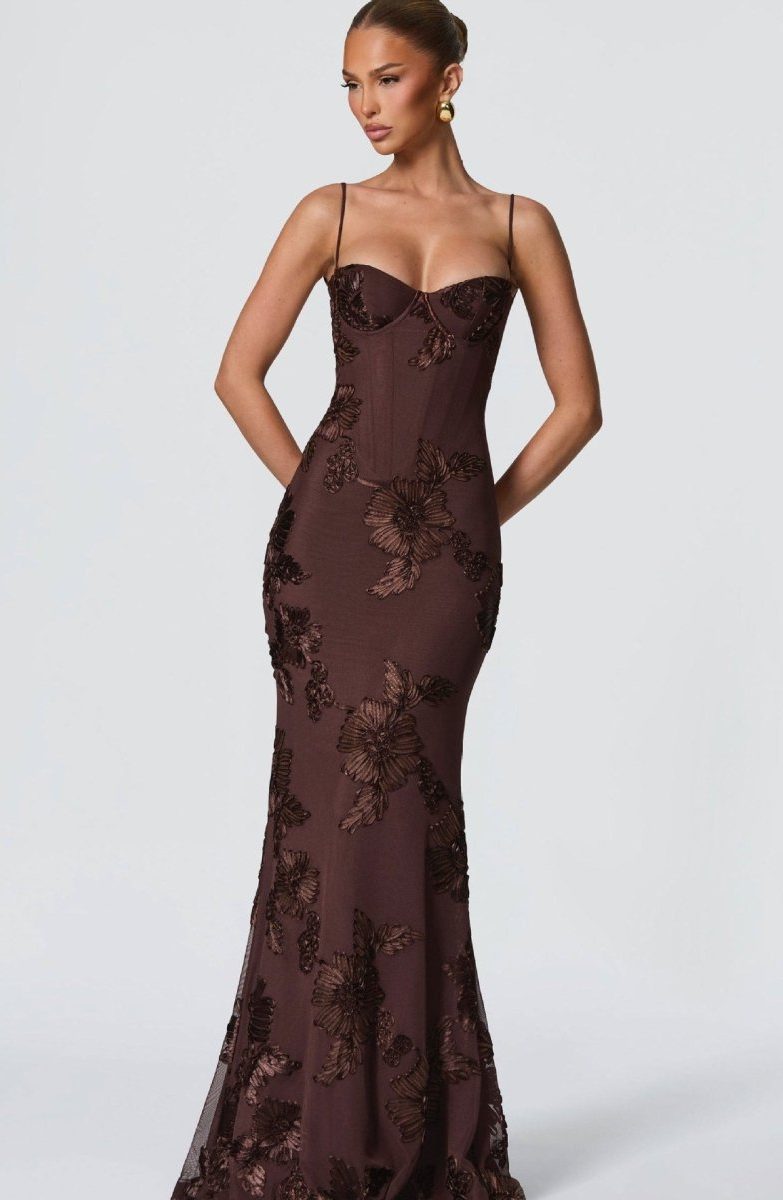 Sweetheart Neckline Floral Appliqué Maxi Dress for Women - Brown