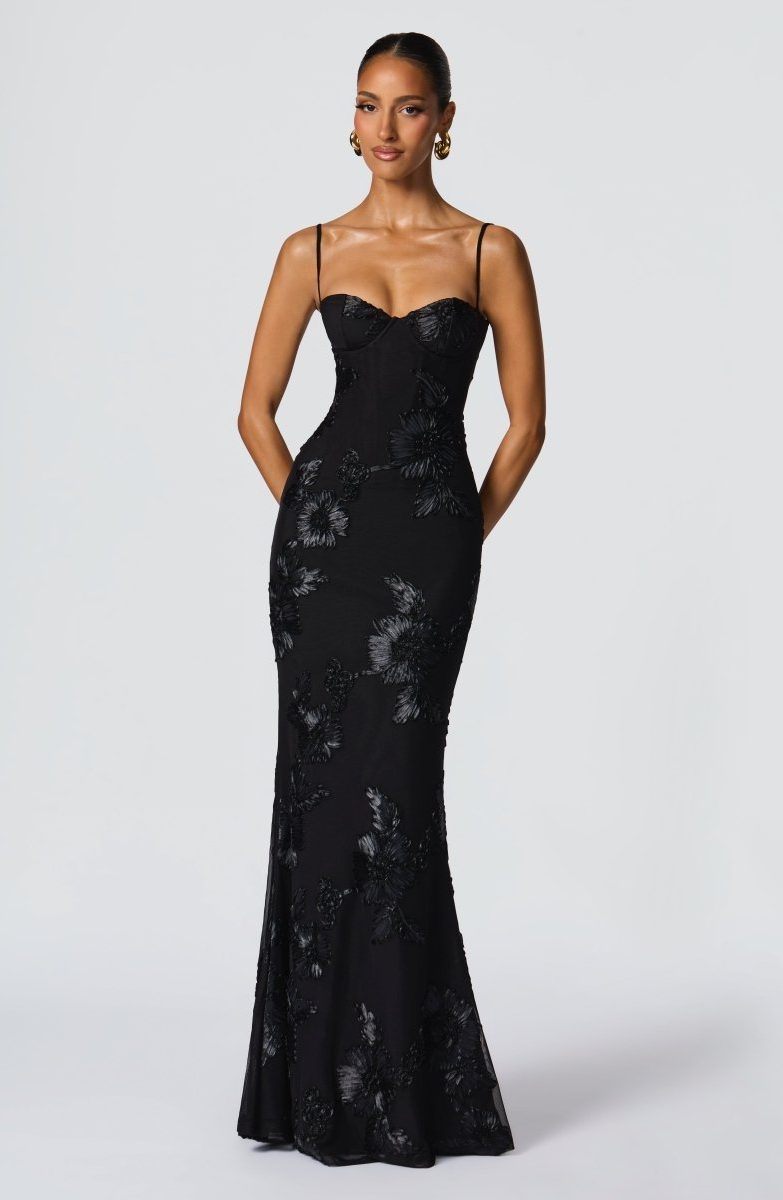Sweetheart Neckline Floral Appliqué Maxi Dress for Women - Black