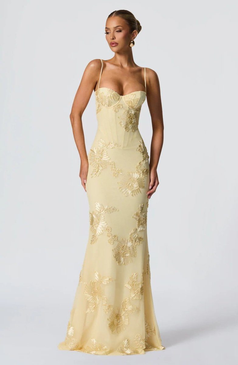 Sweetheart Neckline Floral Appliqué Maxi Dress for Women - Yellow