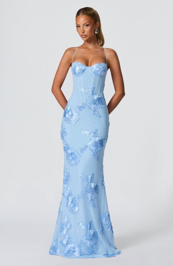 Sweetheart Neckline Floral Appliqué Maxi Dress for Women - Light Blue