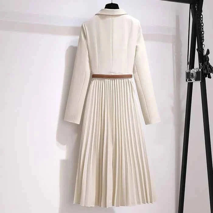 Belted Pleated Midi Blazer Dress for Women