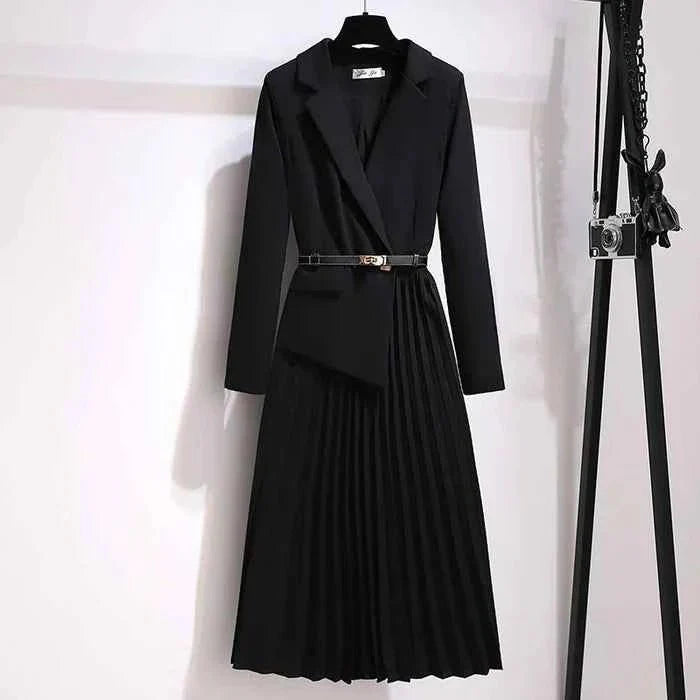 Belted Pleated Midi Blazer Dress for Women