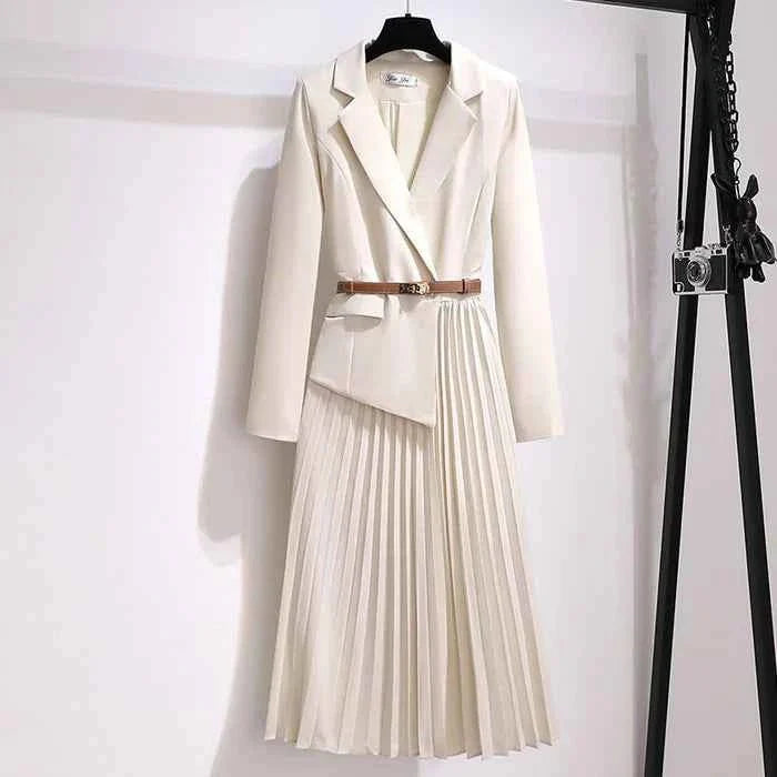 Belted Pleated Midi Blazer Dress for Women