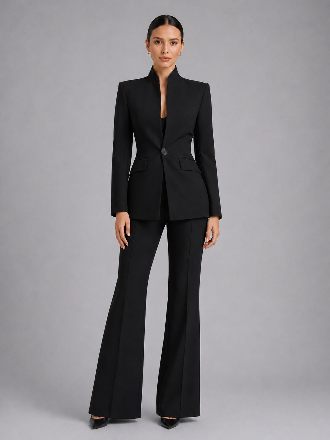 Tailored Single-Breasted Blazer & Flare Trousers Set for Women