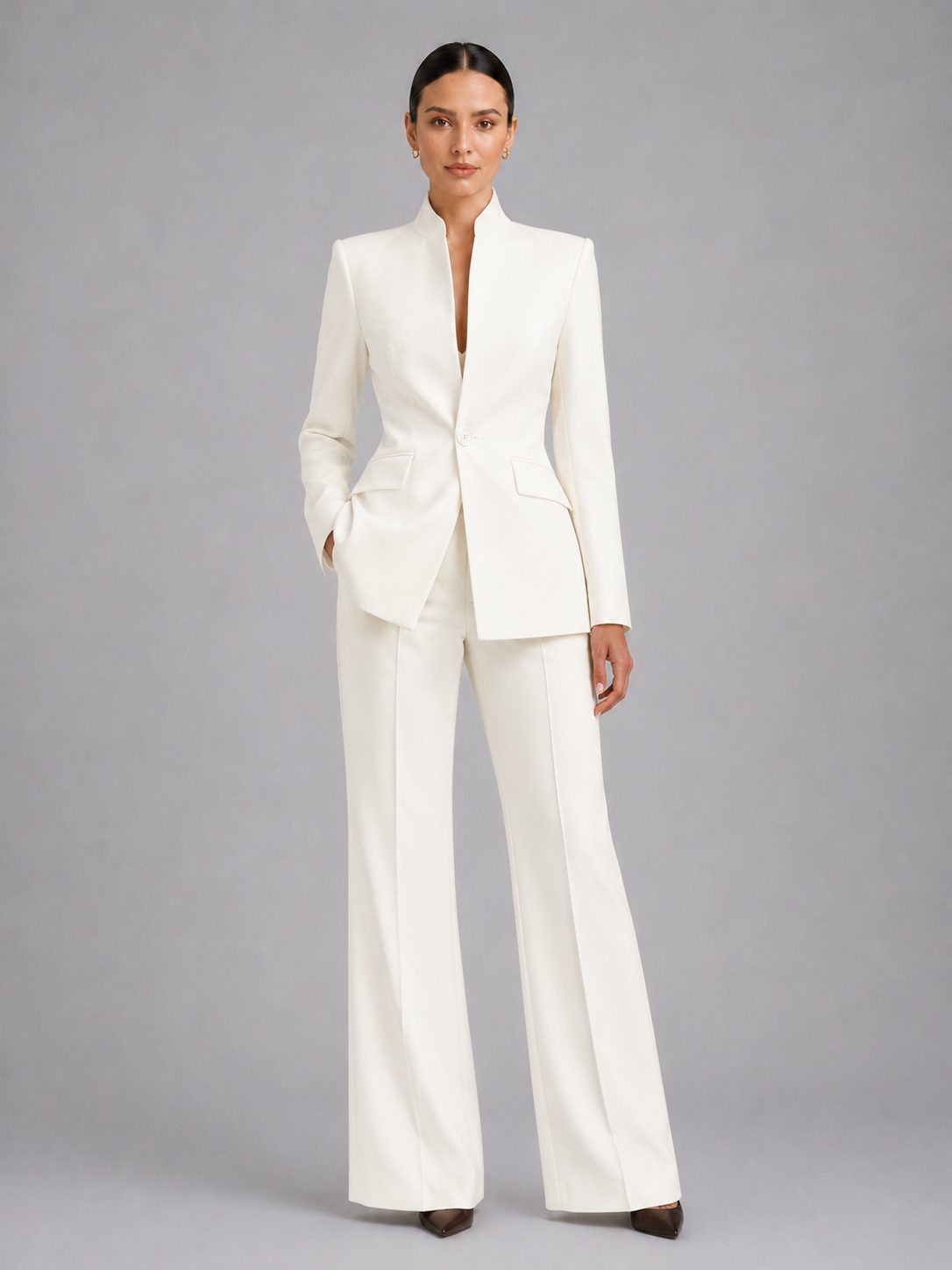 Tailored Single-Breasted Blazer & Flare Trousers Set for Women - Cream