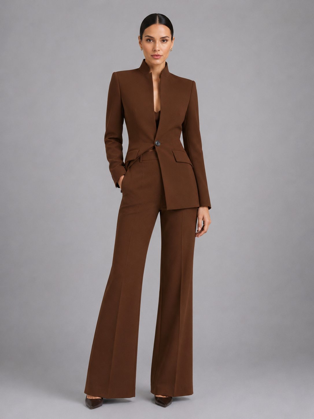 Tailored Single-Breasted Blazer & Flare Trousers Set for Women - Brown