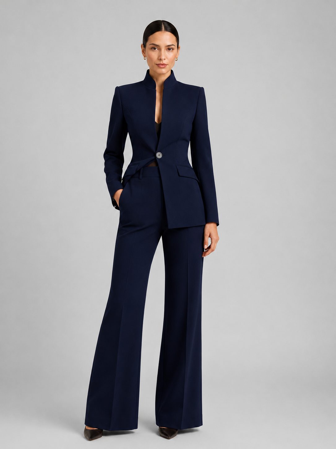 Tailored Single-Breasted Blazer & Flare Trousers Set for Women - Navy
