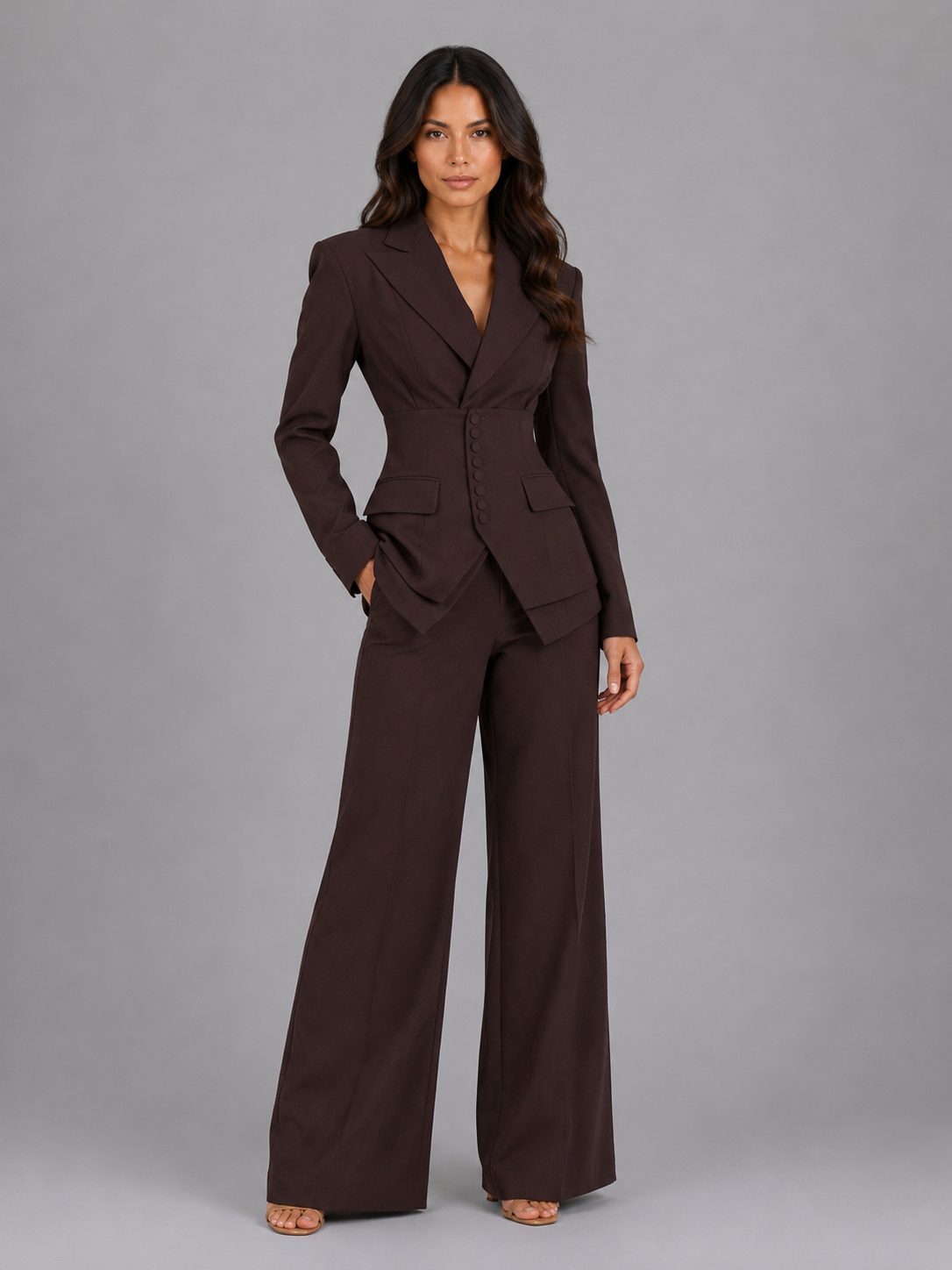 Tailored Wide-Leg Suit Set for Women - Coffee