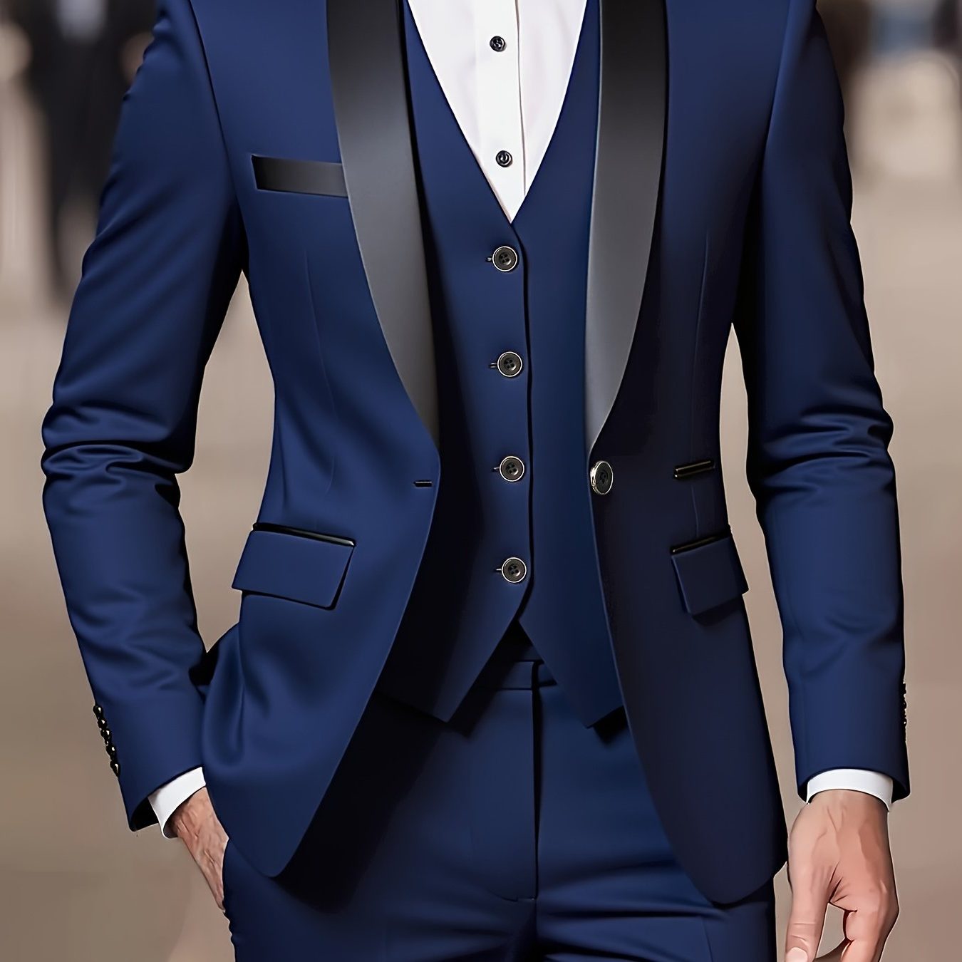 Three-Piece Double-Breasted Blazer Suit for Men - Navy Blue-1