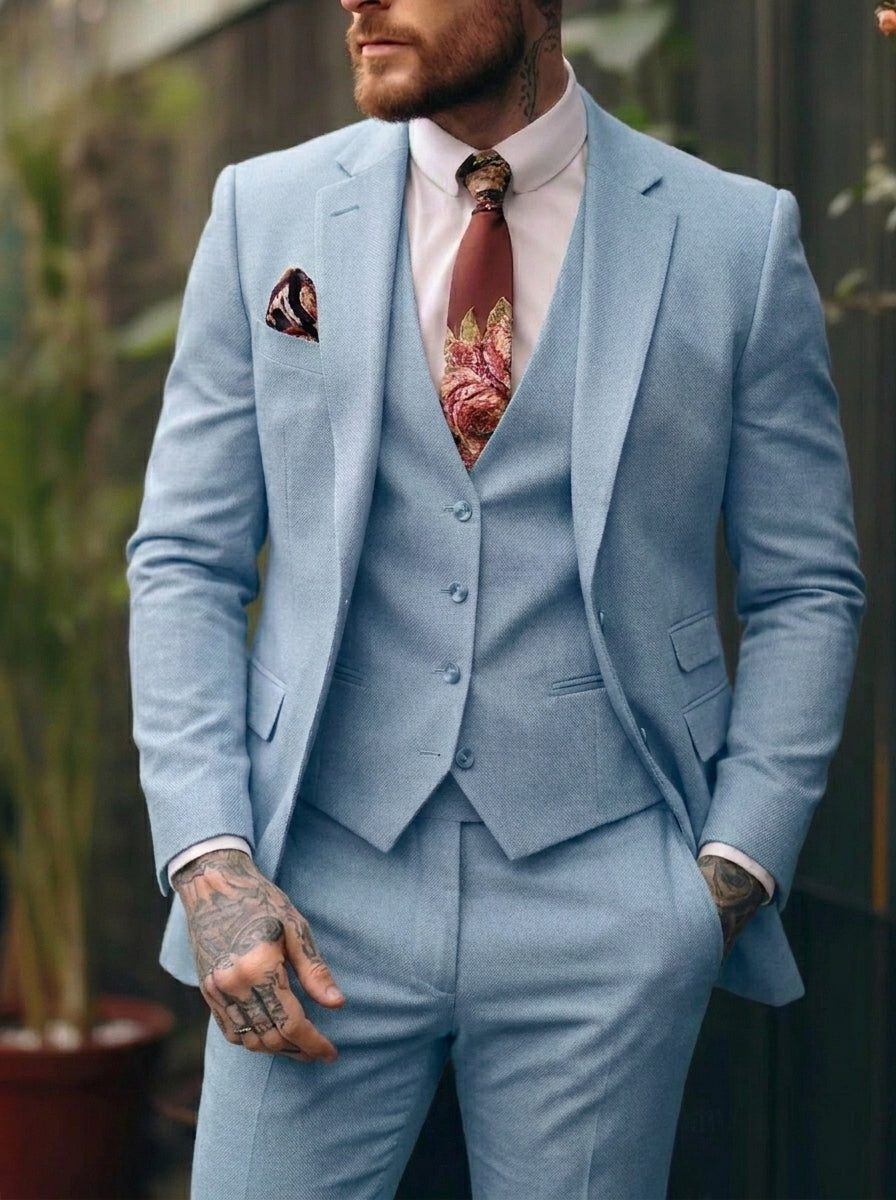 Three-Piece Single-Breasted Suit for Men - Light Blue