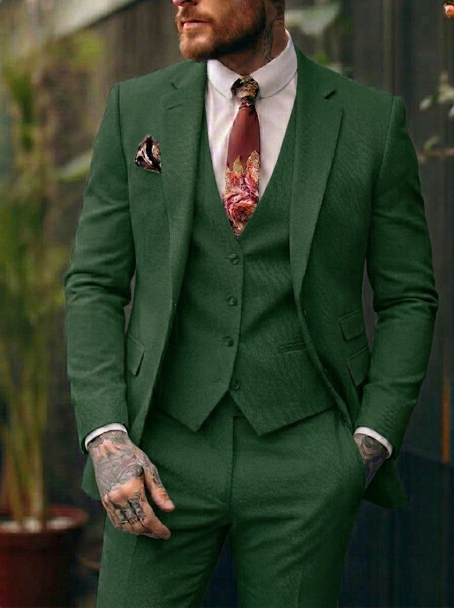 Three-Piece Single-Breasted Suit for Men - Dark Green