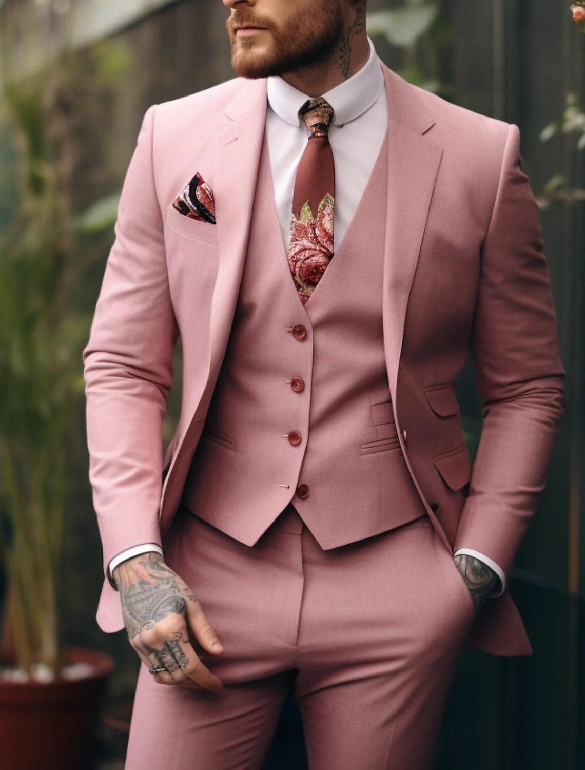 Three-Piece Single-Breasted Suit for Men - Pink
