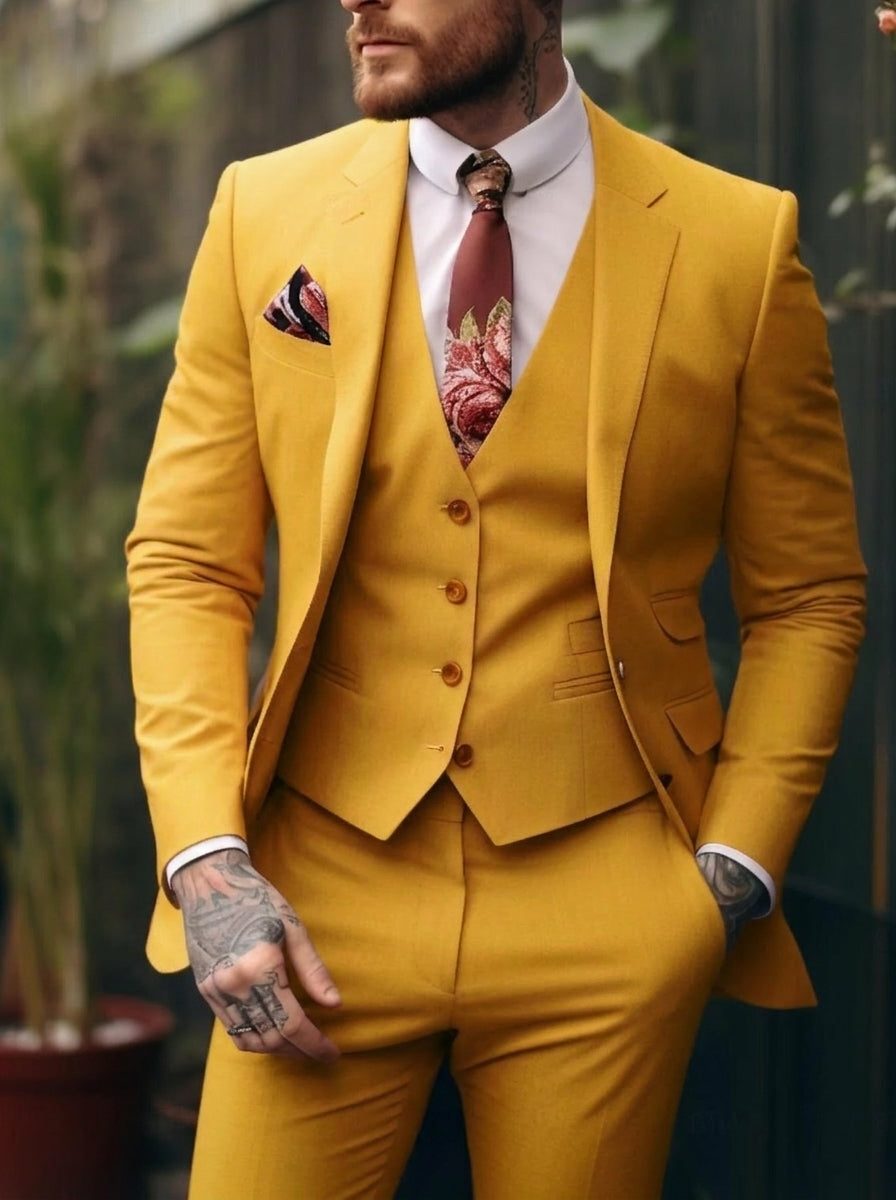 Three-Piece Single-Breasted Suit for Men - Yellow