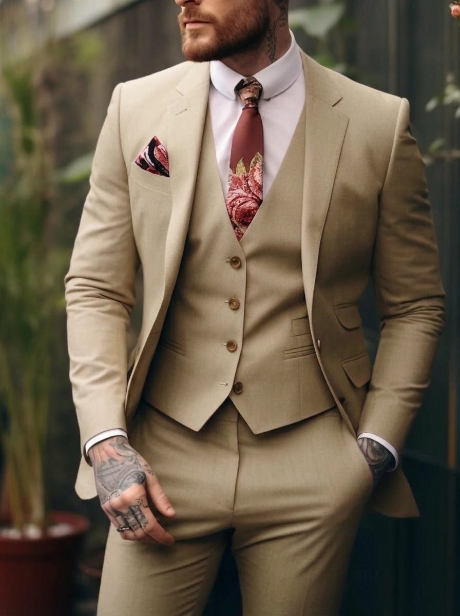 Three-Piece Single-Breasted Suit for Men - Khaki