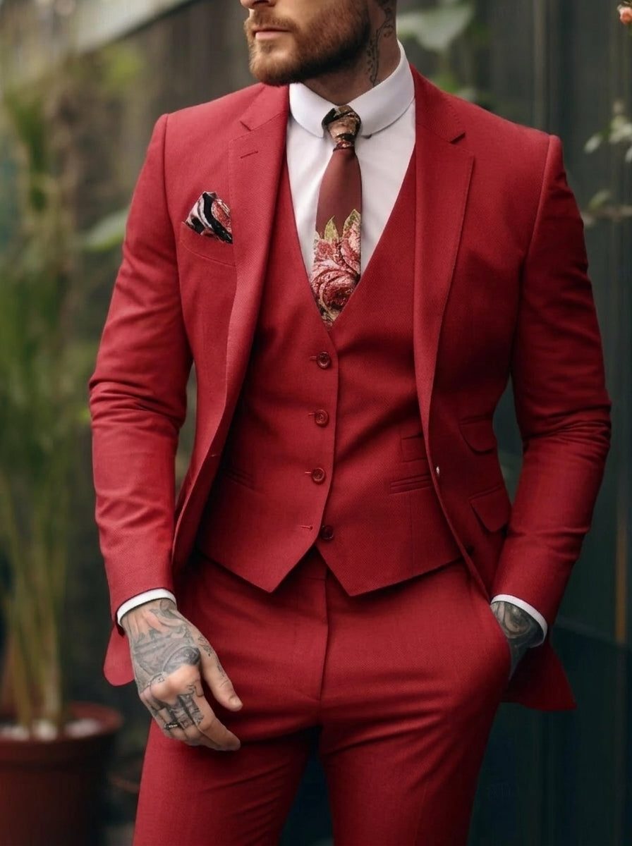 Three-Piece Single-Breasted Suit for Men - Red