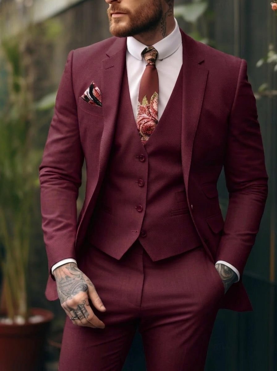 Three-Piece Single-Breasted Suit for Men - Burgundy