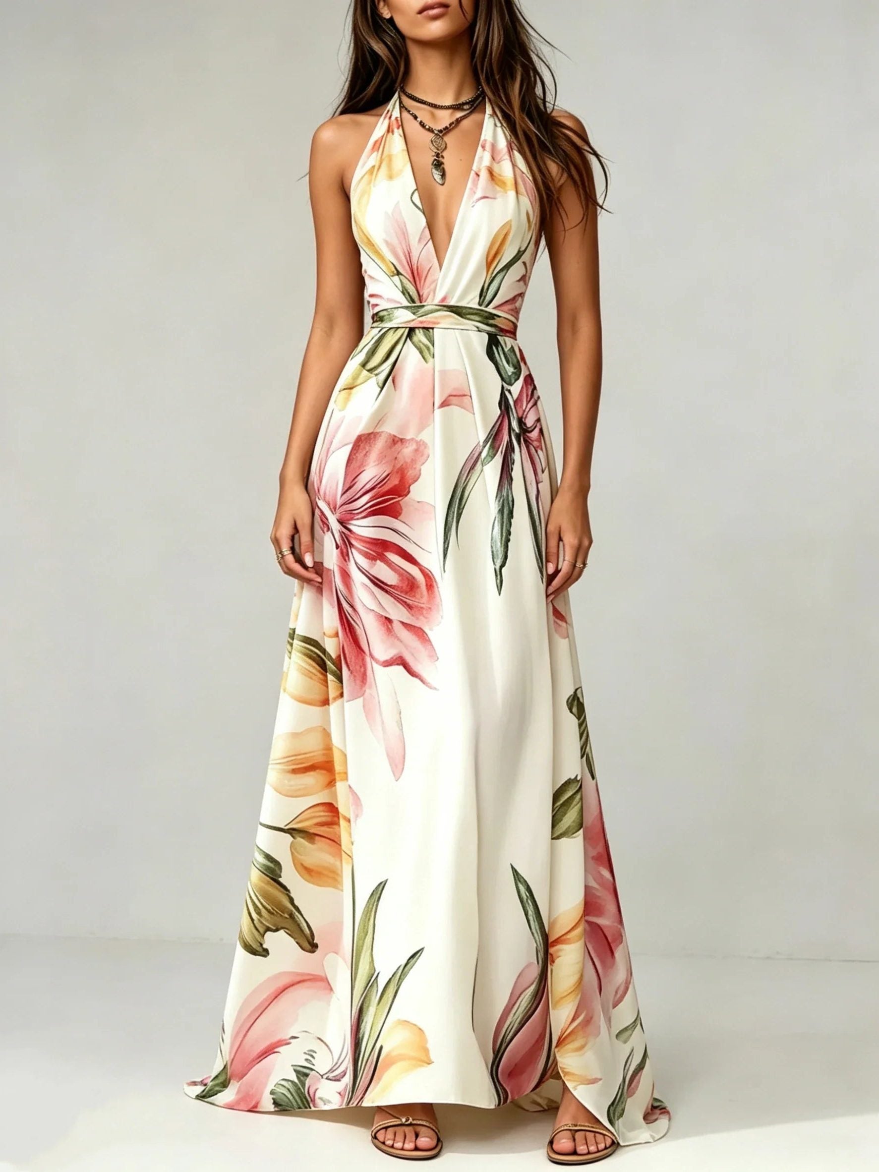 Halterneck Floral Wrap Maxi Dress for Women - White