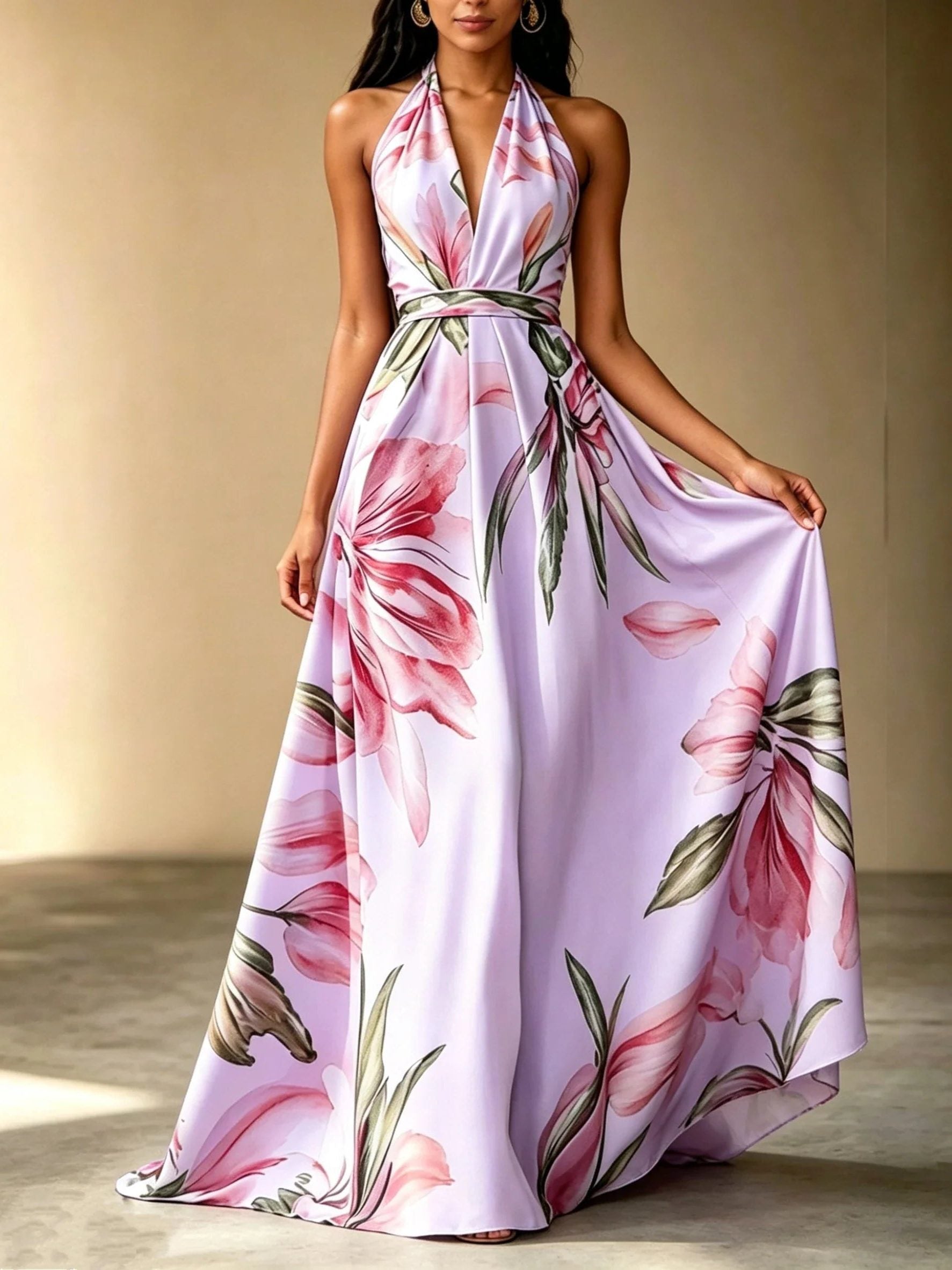 Halterneck Floral Wrap Maxi Dress for Women - View 6