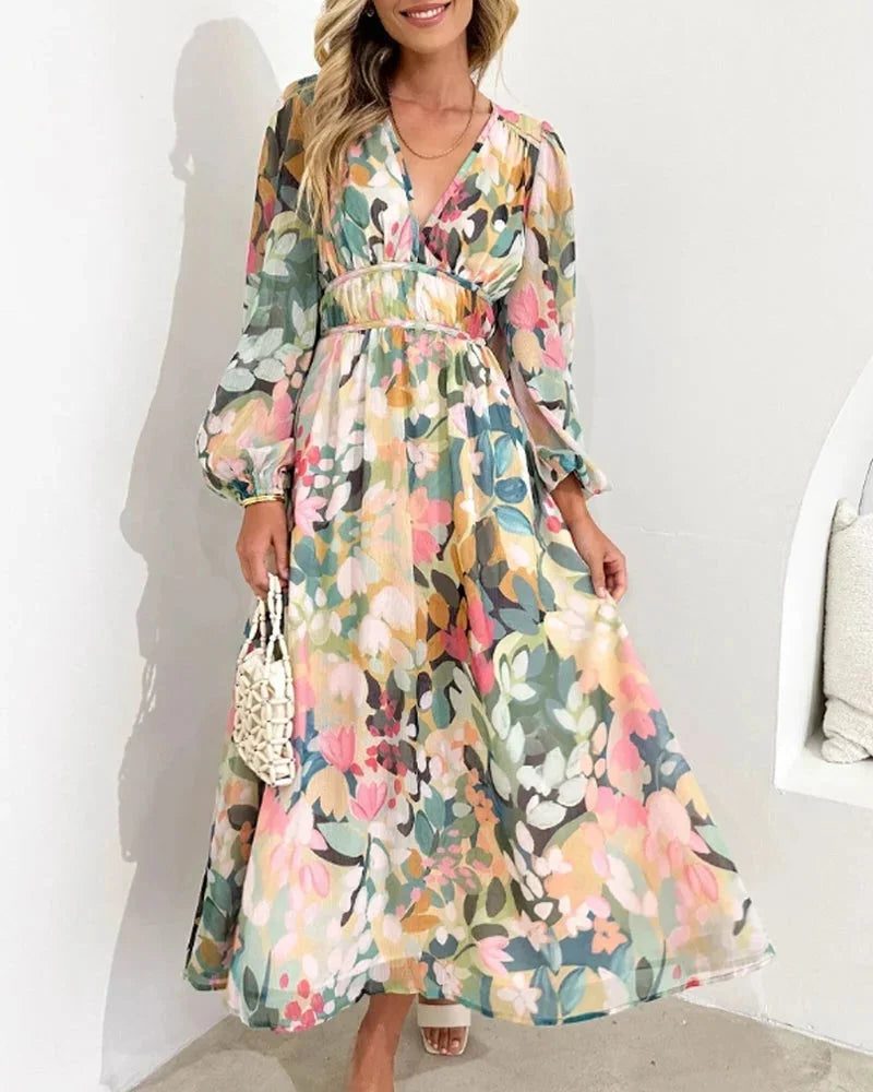 Floral V-Neck Long Sleeve Wedding Guest Maxi Dress for Women - Green