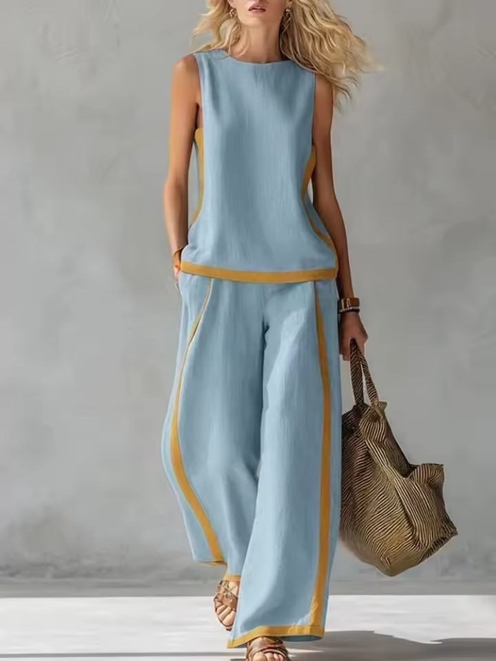 Sleeveless Wide Leg Linen Set for Women - Blue