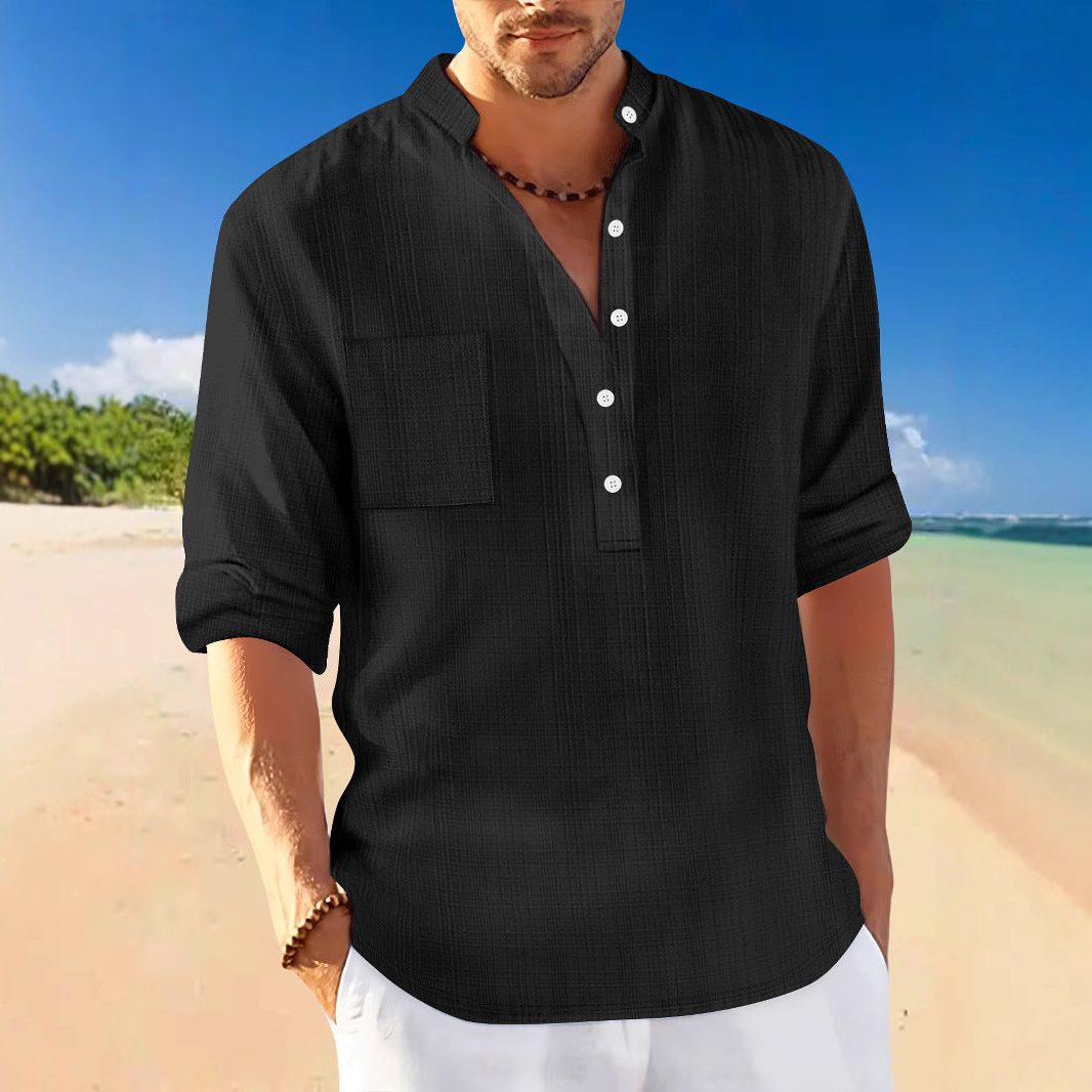 Linen Stand Collar Short Sleeve Shirt for Men - View 2